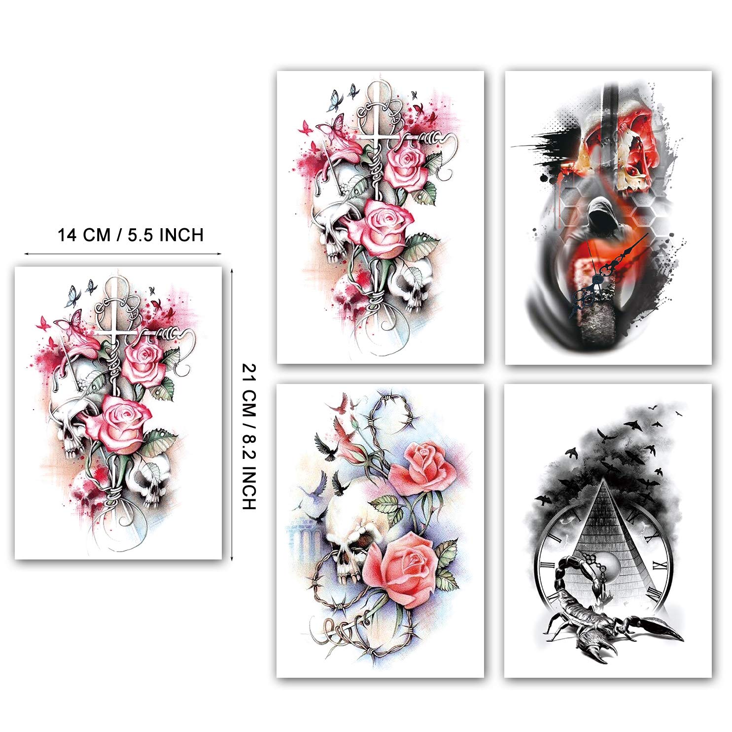 12 hojas PadOUN grandes flores cráneo temporal tatuaje manga para mujeres, 8 hojas realistas brazo completo tatuajes manga y 4 hojas medio brazo