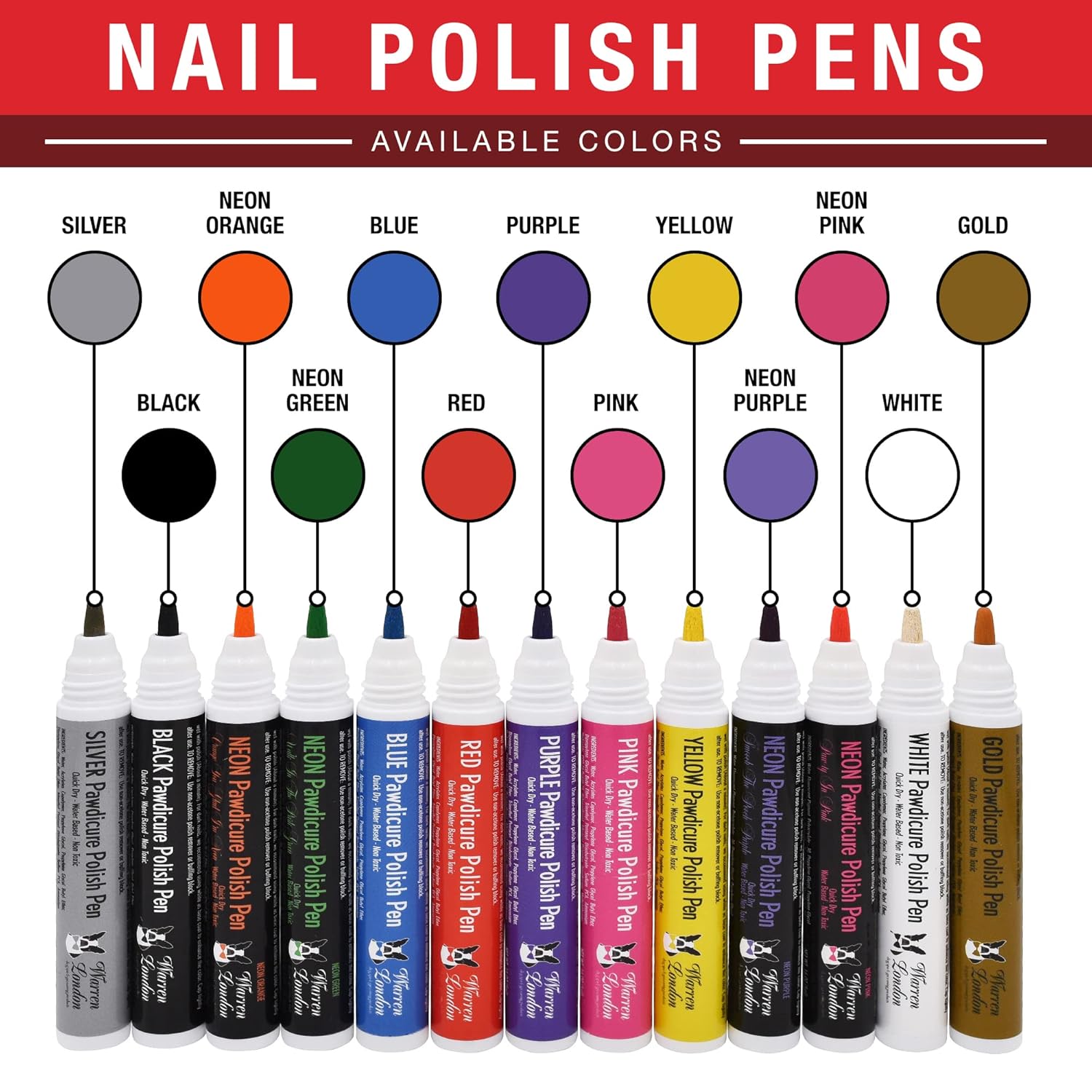Warren London Pawdicure – Bolígrafos de esmalte de uñas para perro, fabricados en Estados Unidos, secado rápido, bajo olor, accesorios no tóxicos