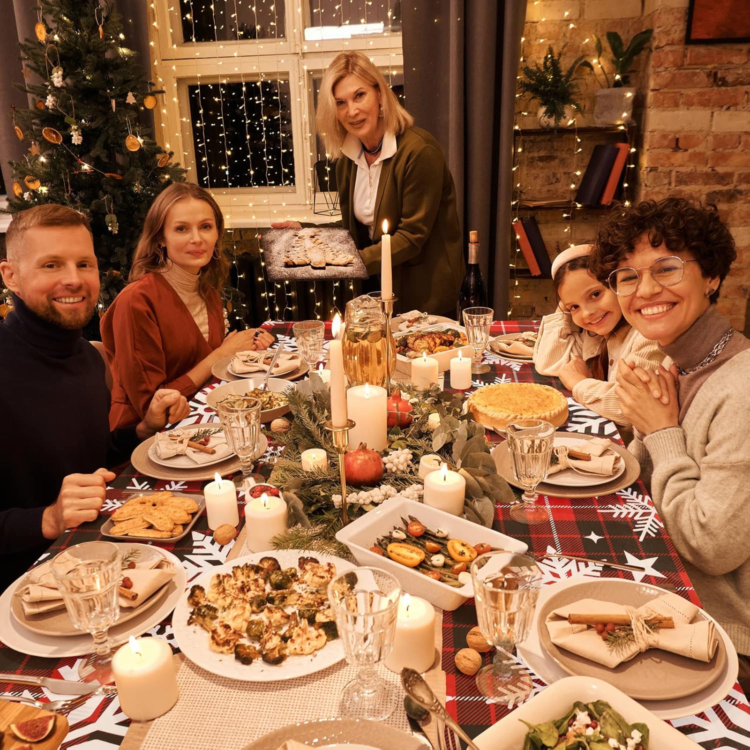 Mantel navideño de vinilo con reverso de franela, impermeable, a prueba de aceite, resistente a las manchas, copo de nieve, de plástico,