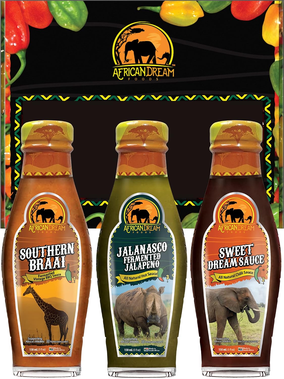 African Dream Foods Paquete de regalo de salsa picante  Pimienta fantasma africana, chile ojo de pájaro, braai sureño, dulce sueño, limón y ajo