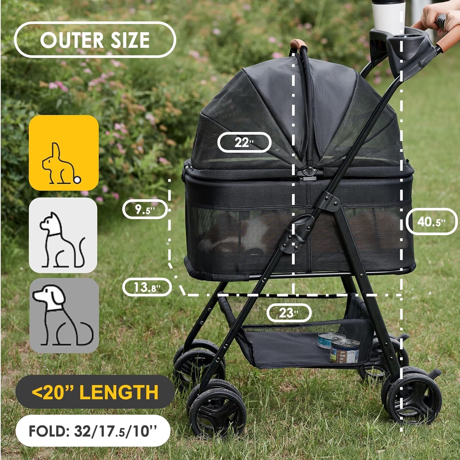 Cochecito plegable 3 en 1 para perro, cochecito plegable para mascotas, cochecito de perro y gato de 4 ruedas con transportador de viaje extraíble