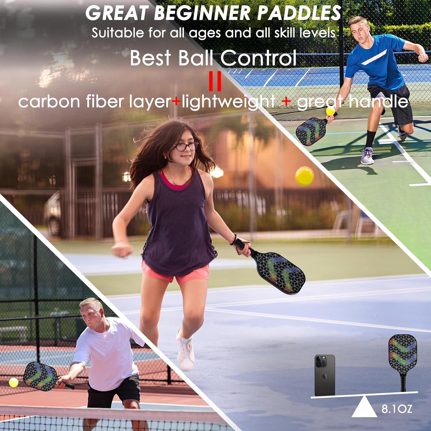 Juego de paletas de pickleball de fibra de carbono, raquetas de pickleball con 2 pelotas de pickleball y bolsa de transporte, equipo profesional