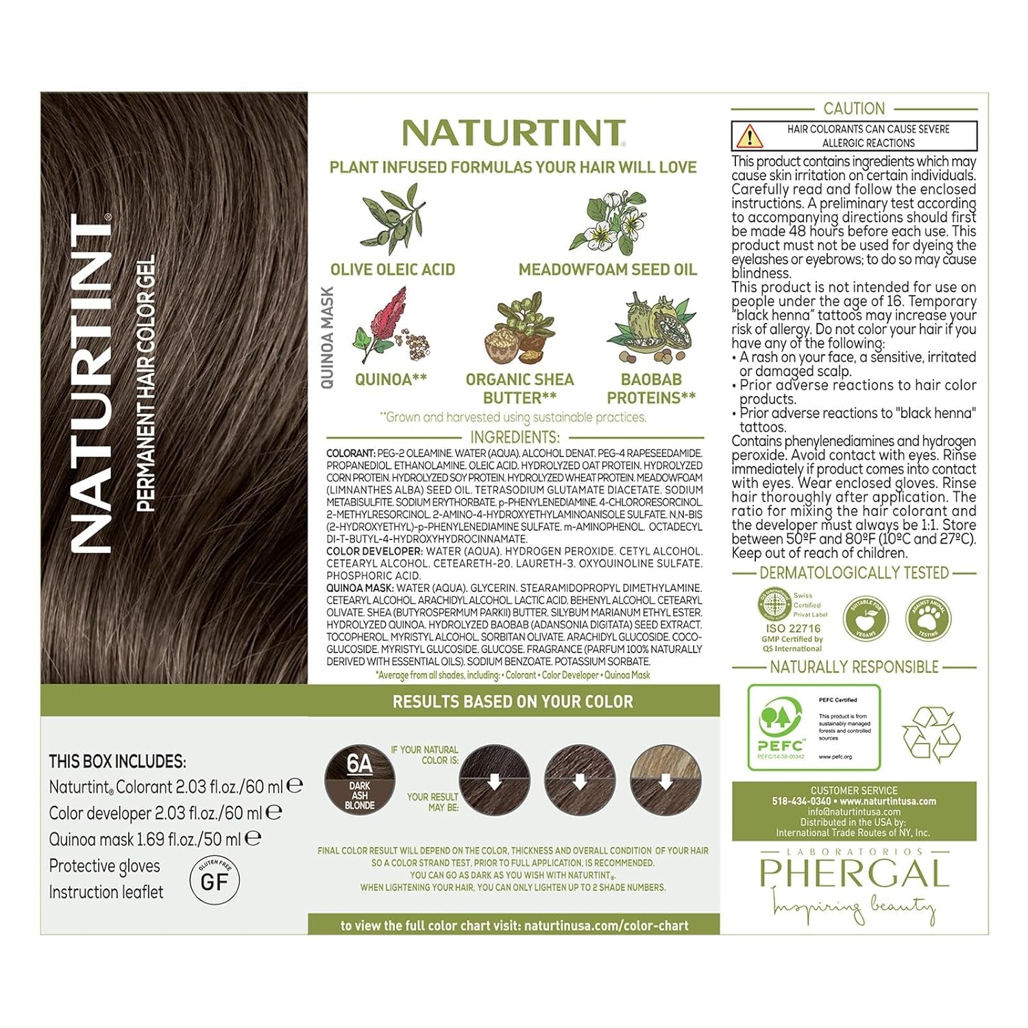 Naturtint Tinte permanente para el cabello rubio ceniza oscuro 6A (paquete de 6), sin amoníaco, vegano, libre de crueldad, hasta un 100% de