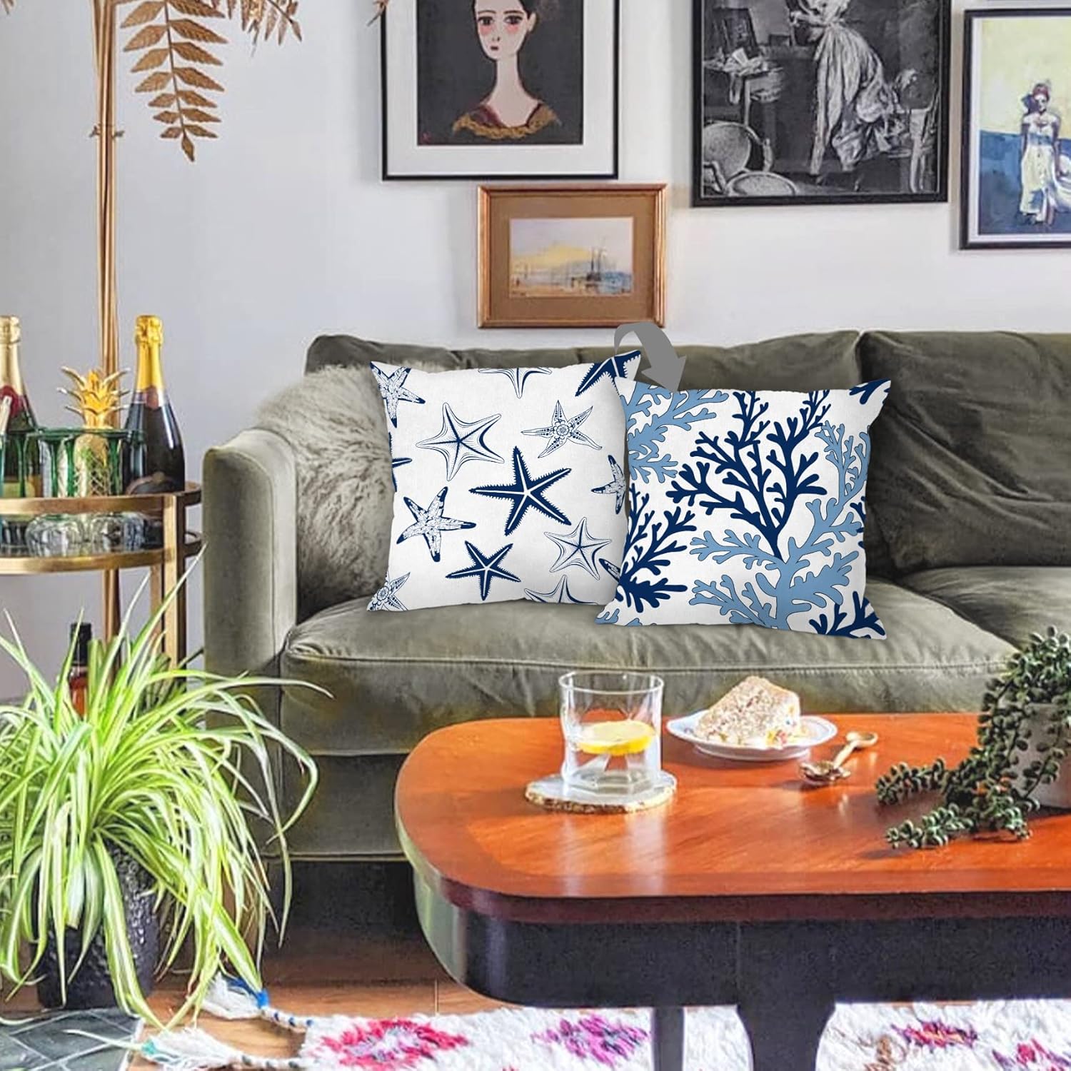 Funda de almohada de 18 x 18 pulgadas (juego de 2) funda de almohada de playa náutica costera azul marino con estrellas de mar y coral, decoración