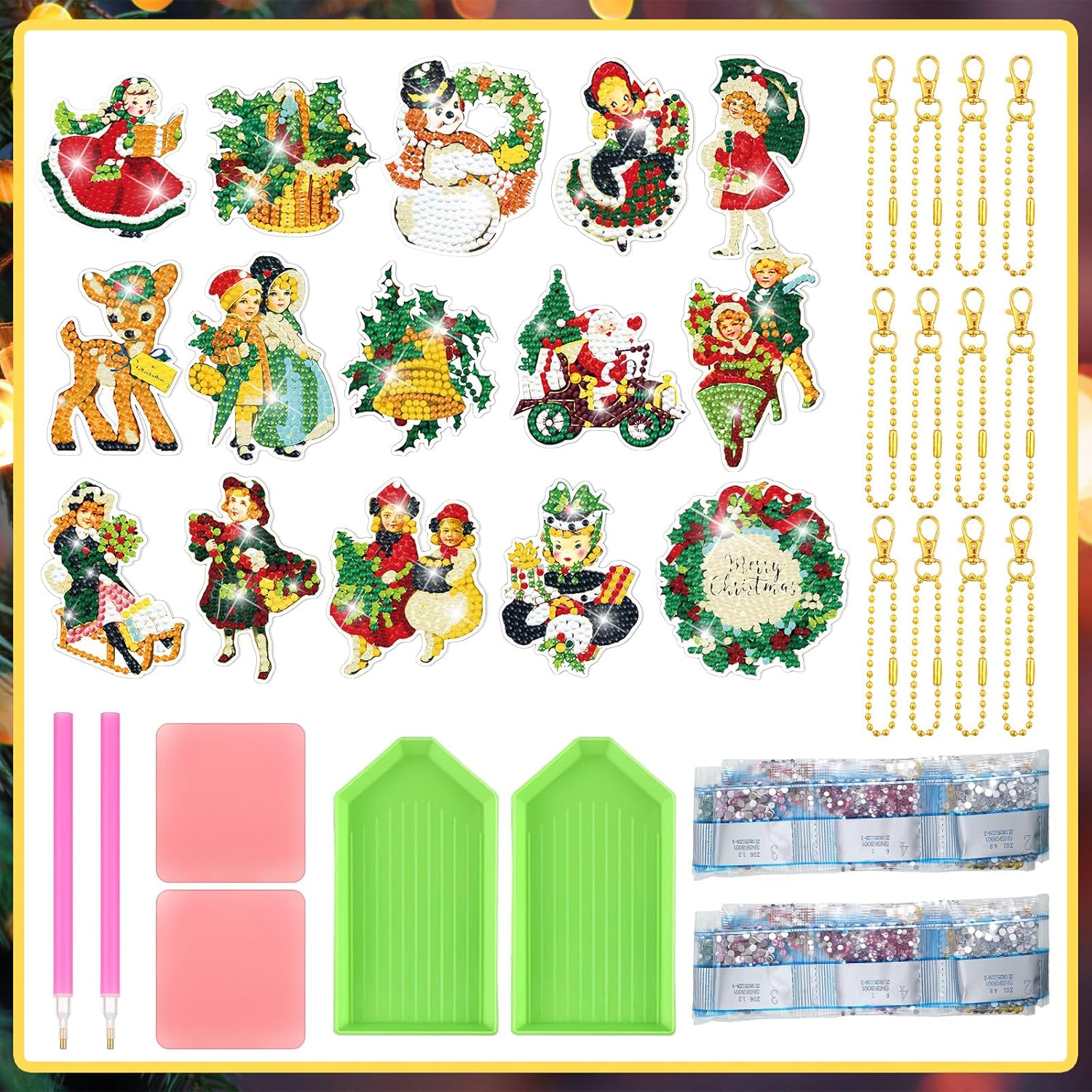 BBTO 15 llaveros de pintura de diamante vintage de Navidad, adornos de pintura de diamantes 5D, llaveros de arte de diamantes de Navidad para niños,