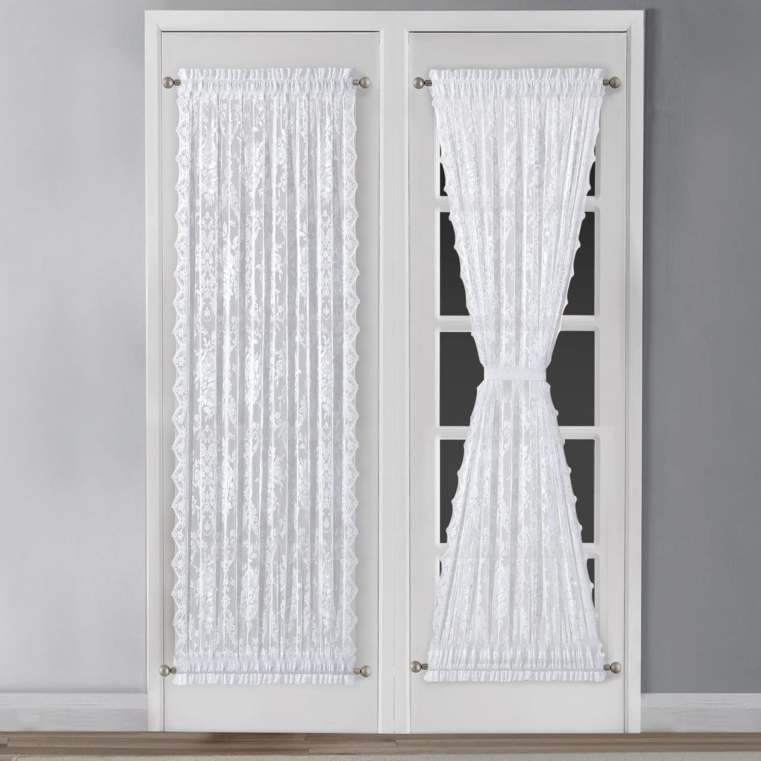 Cortinas de encaje blanco de 52 x 72 pulgadas para puerta francesa. Cortinas de encaje para puerta de privacidad, filtro de luz y decoración del