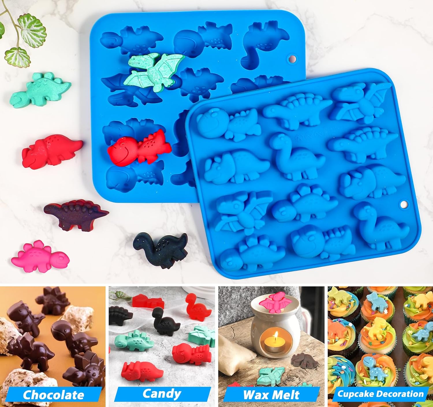 Webake Moldes de silicona para caramelos de dinosaurio de 12 cavidades con forma de T-rex, Stegosaurus, triceratops, ideal para dulces, chocolate,