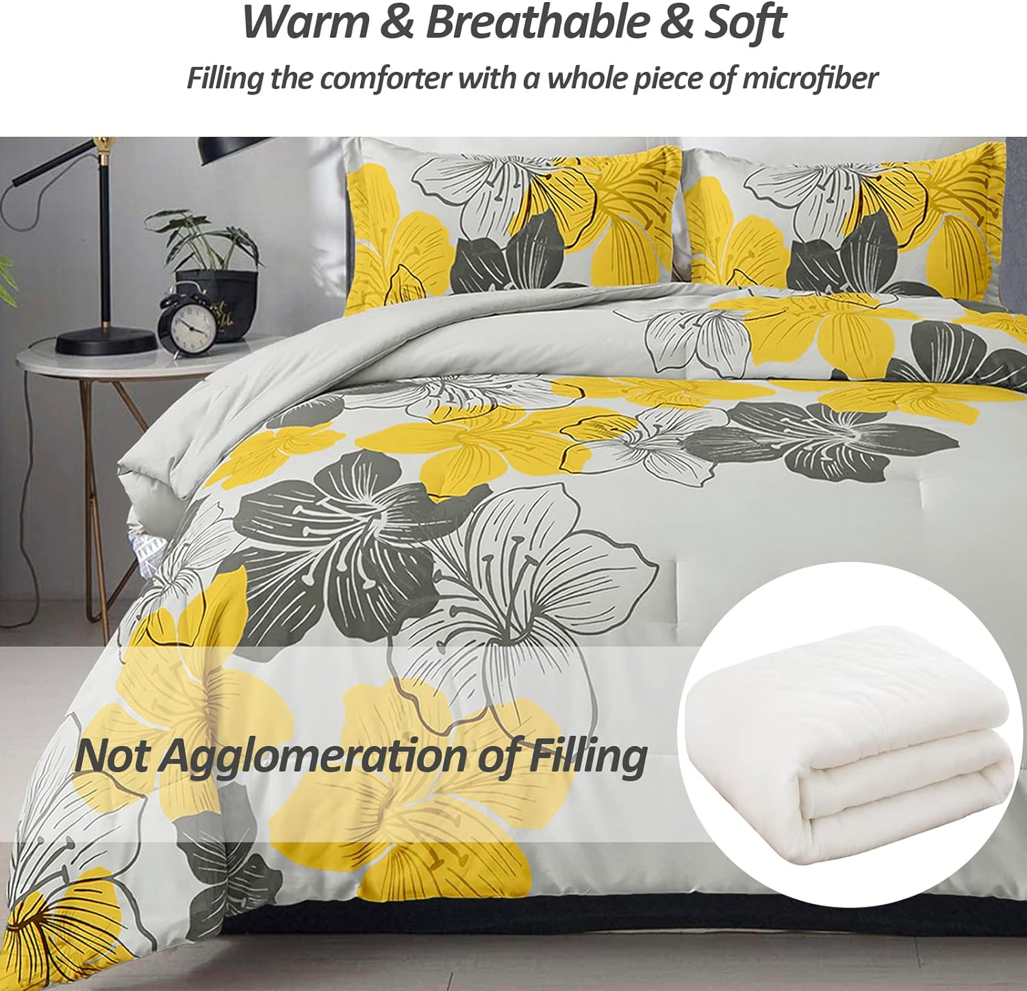 Juego de edredón tamaño California King, estampado floral amarillo en gris, juego de ropa de cama de microfibra suave bohemio para todas las