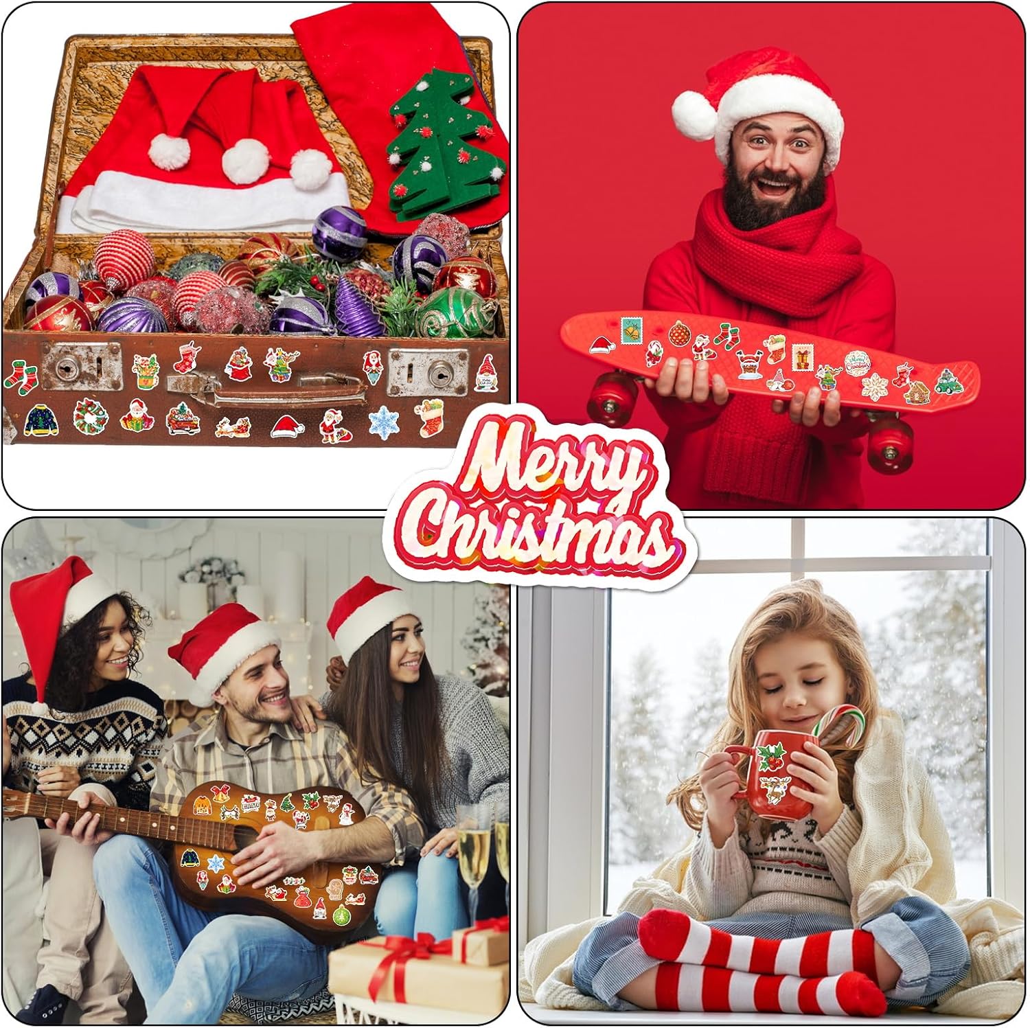 50 calcomanías de Navidad, calcomanías holográficas con temática navideña, calcomanías navideñas para niños y adultos, calcomanías de vinilo
