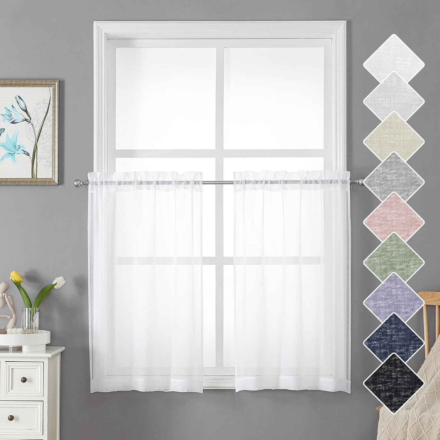 Lecloud Doris – Cortinas traslúcidas blancas de 36 pulgadas, 2 piezas, cortinas clásicas de lino sintético transpirable para sala de estar, cortinas