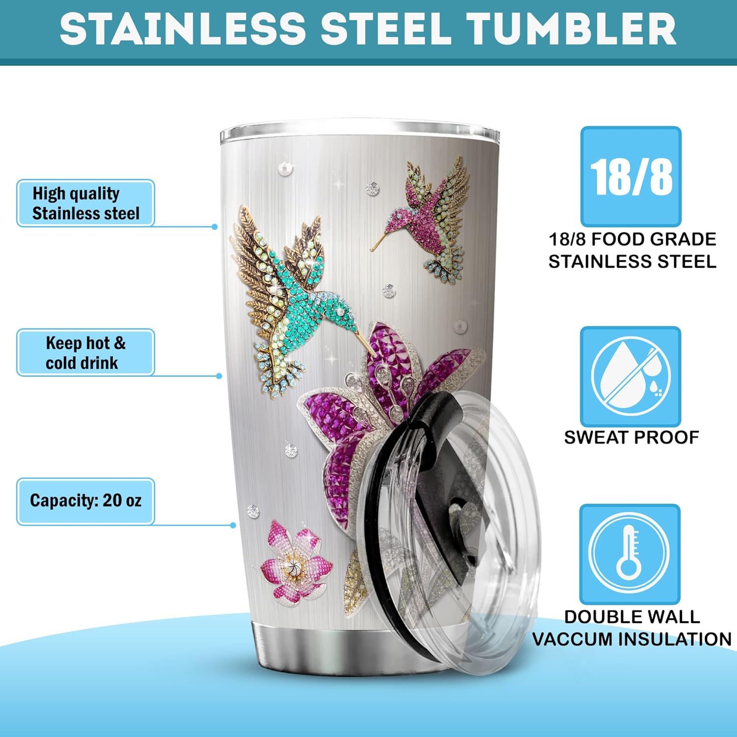 ZOXIX Vaso de colibrí personalizado con nombre, 20 onzas, estilo de joyería, floral, animal, pájaro, taza de café con tapa, regalo de cumpleaños de