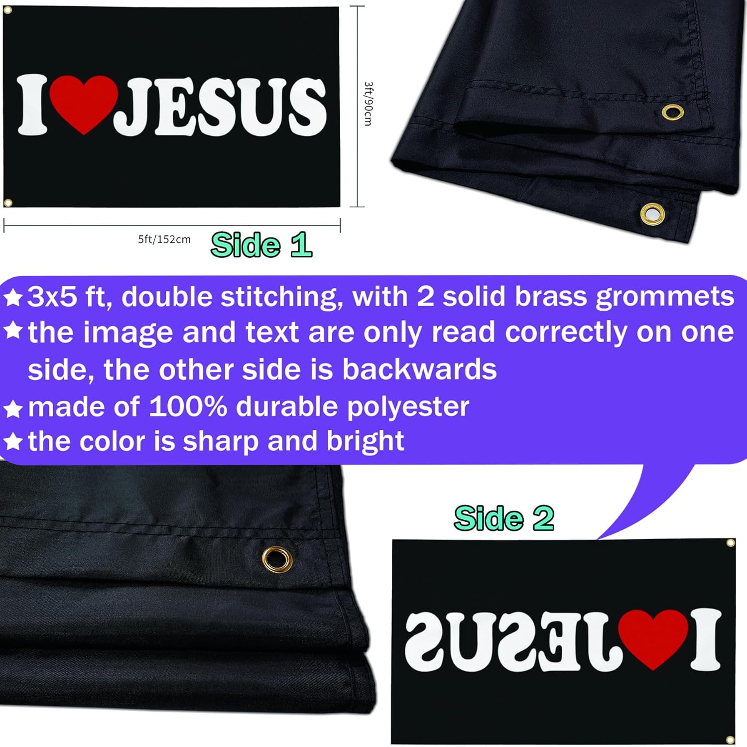Bandera de Jesús con texto en inglés “I Love Jesus”, banderas americanas para exteriores, 3 x 5 pulgadas, bandera de fe cristiana sobre el miedo,