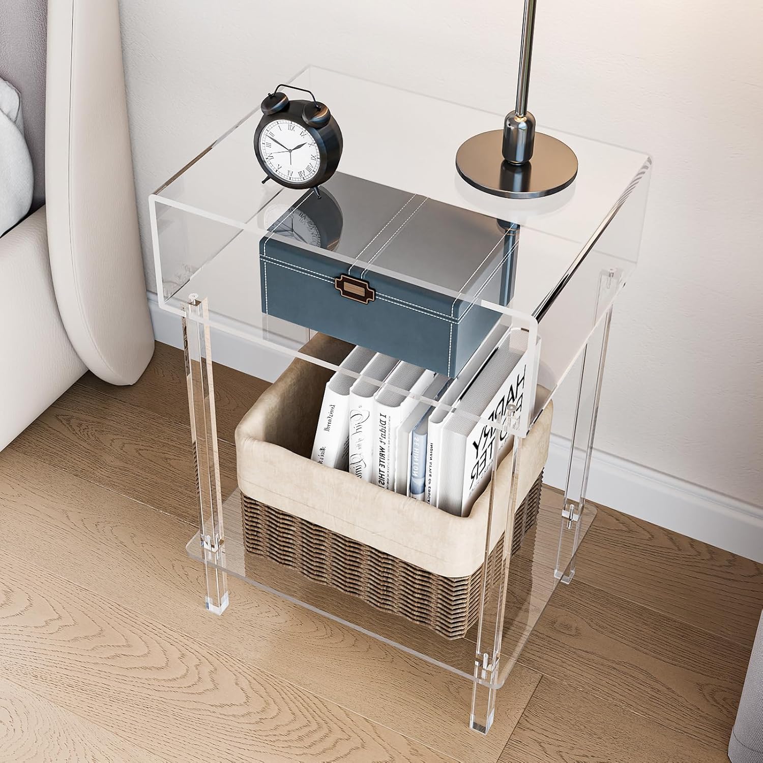 Aquiver Mesita de noche acrílica con patas cuadradas, moderna mesita de noche transparente, mesa auxiliarmesa auxiliar para dormitorio, 15.6