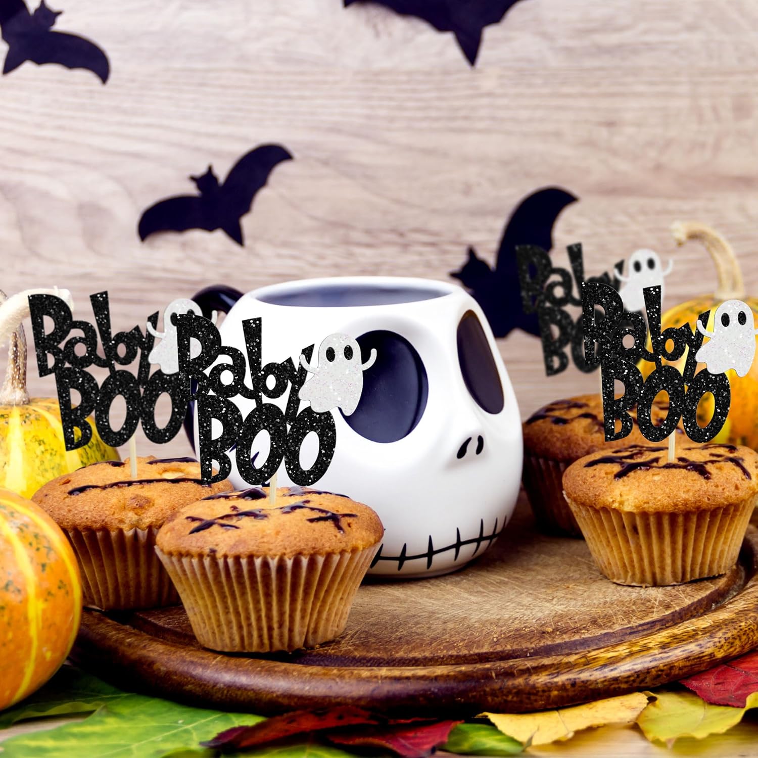 24 piezas de decoración para cupcakes Baby Boo con purpurina negra espeluznante y espeluznante para cupcakes de fantasmas para Halloween, baby