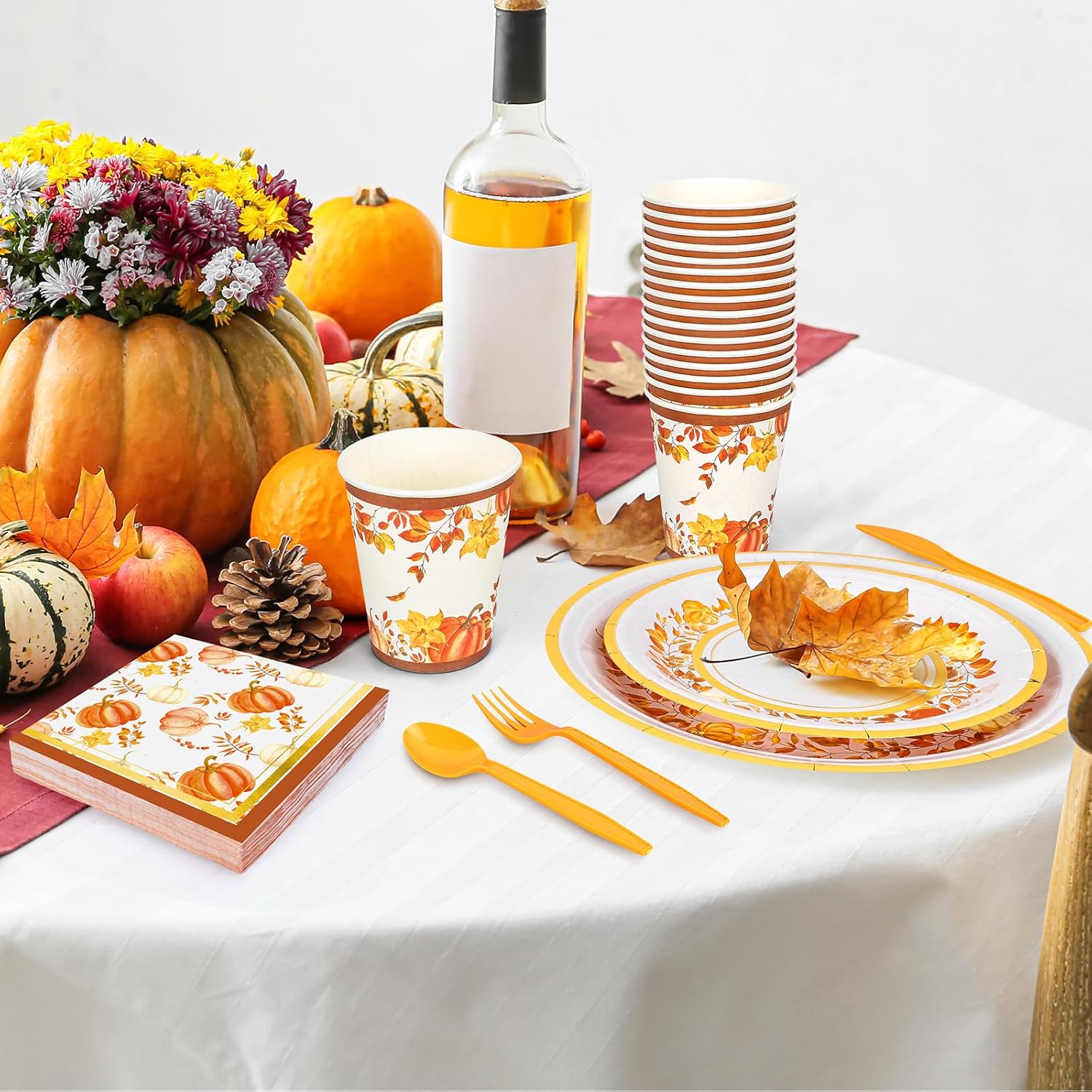 Whaline Juego de vajilla desechable de 175 piezas de otoño para 25 invitados, platos de papel, tazas, cuchillo, tenedor, cuchara y servilletas,