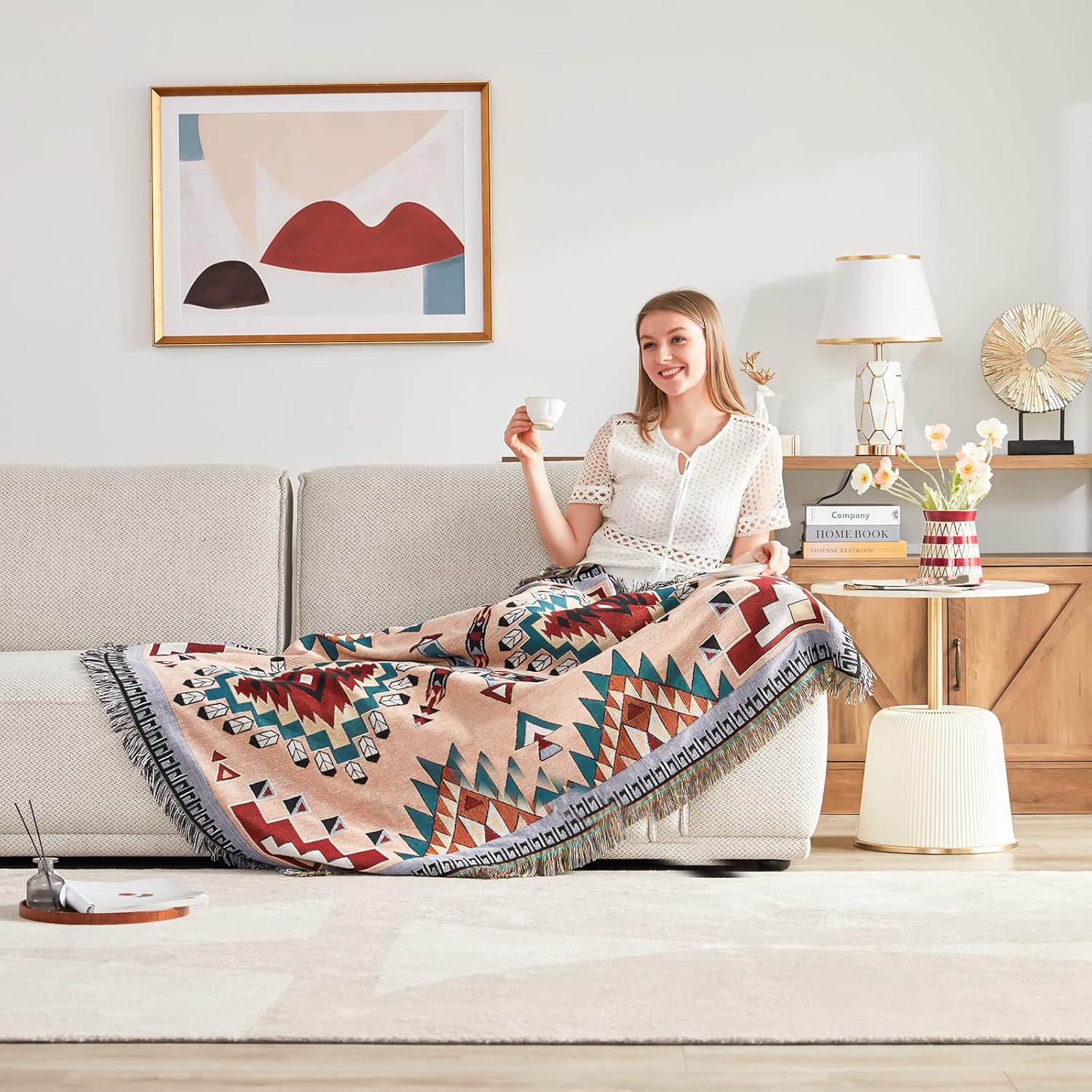 Touchat Manta de nativos americanos, manta bohemia para sofá y cama, manta mexicana decorativa de granja, manta tejida de decoración del suroeste,