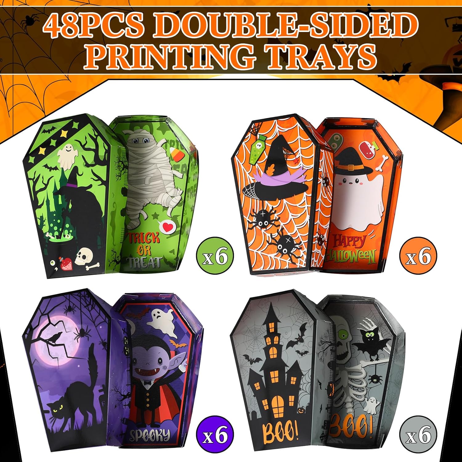 48 bandejas de papel desechables de Halloween para ataúd de Halloween, bandejas para nachos, cesta de servir truco o trato, botes de comida