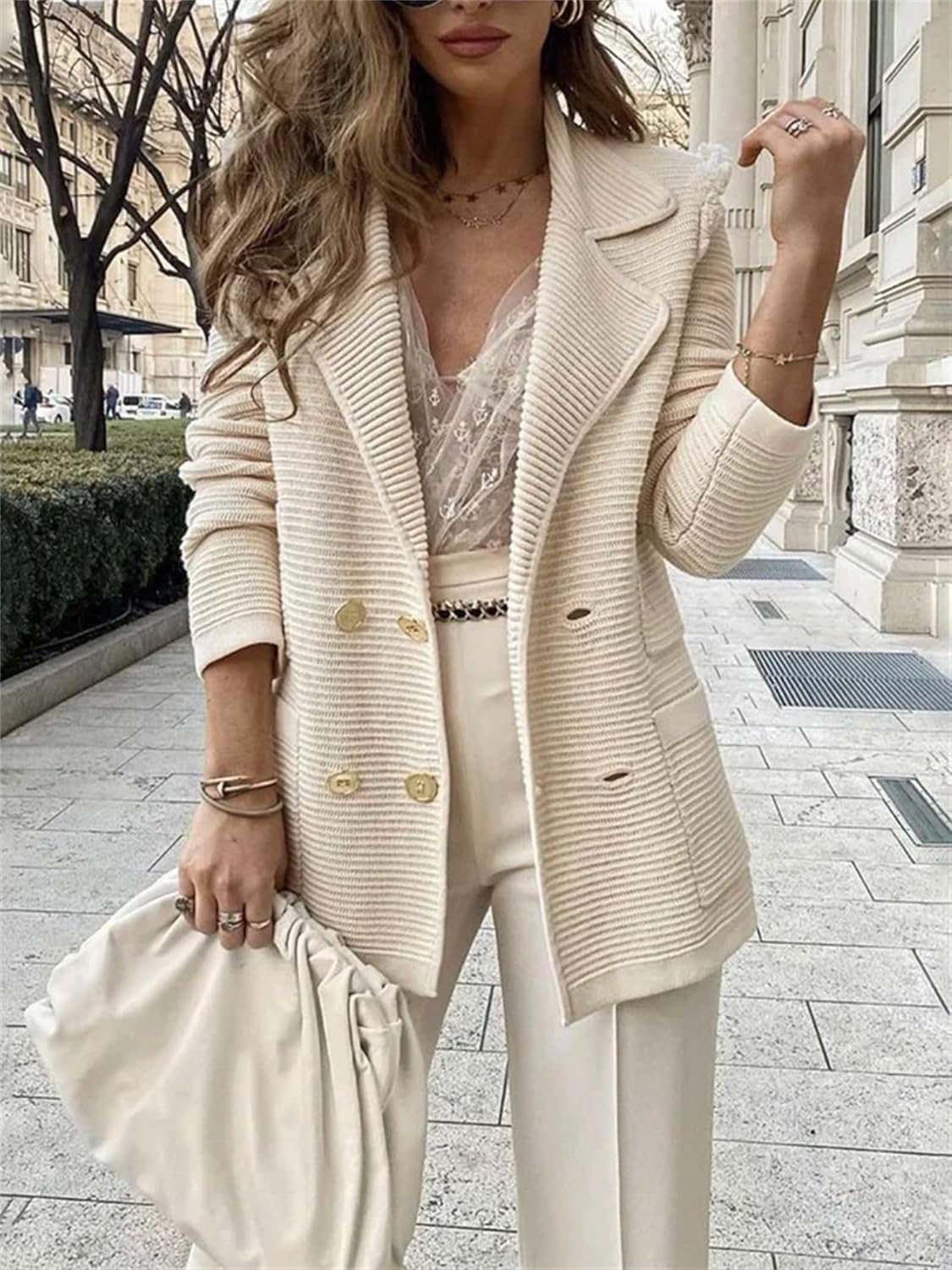 ZWRXW Blazers casuales de manga larga para mujer, con solapa frontal abierta, con botones, para trabajo, oficina, traje suelto para otoño con Pocke