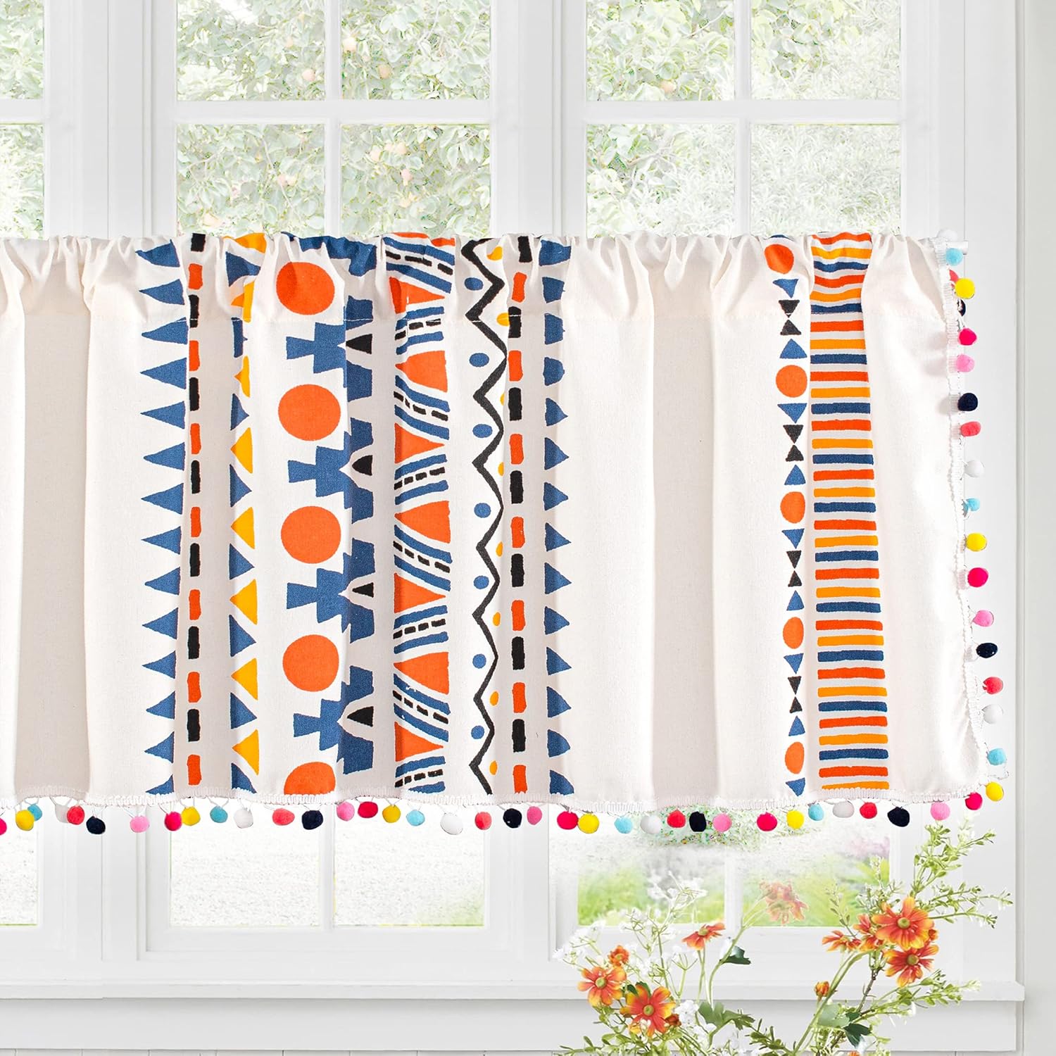 Cortinas de lino con borlas bohemias para ventana, semiopacas, panel geométrico bohemio para sala de estar, cocina, cafetería, comedor, cenefas