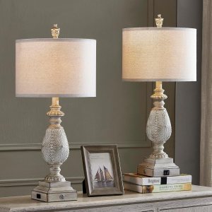 Juego de 2 lámparas de mesa regulables de 3 vías de 26.25 pulgadas con control táctil rústico con puertos de carga USB duales para dormitorio, Juego de 2 lámparas de mesa regulables de 3 vías de 26.25 pulgadas con control táctil rústico con puertos de carga USB duales para dormitorio,