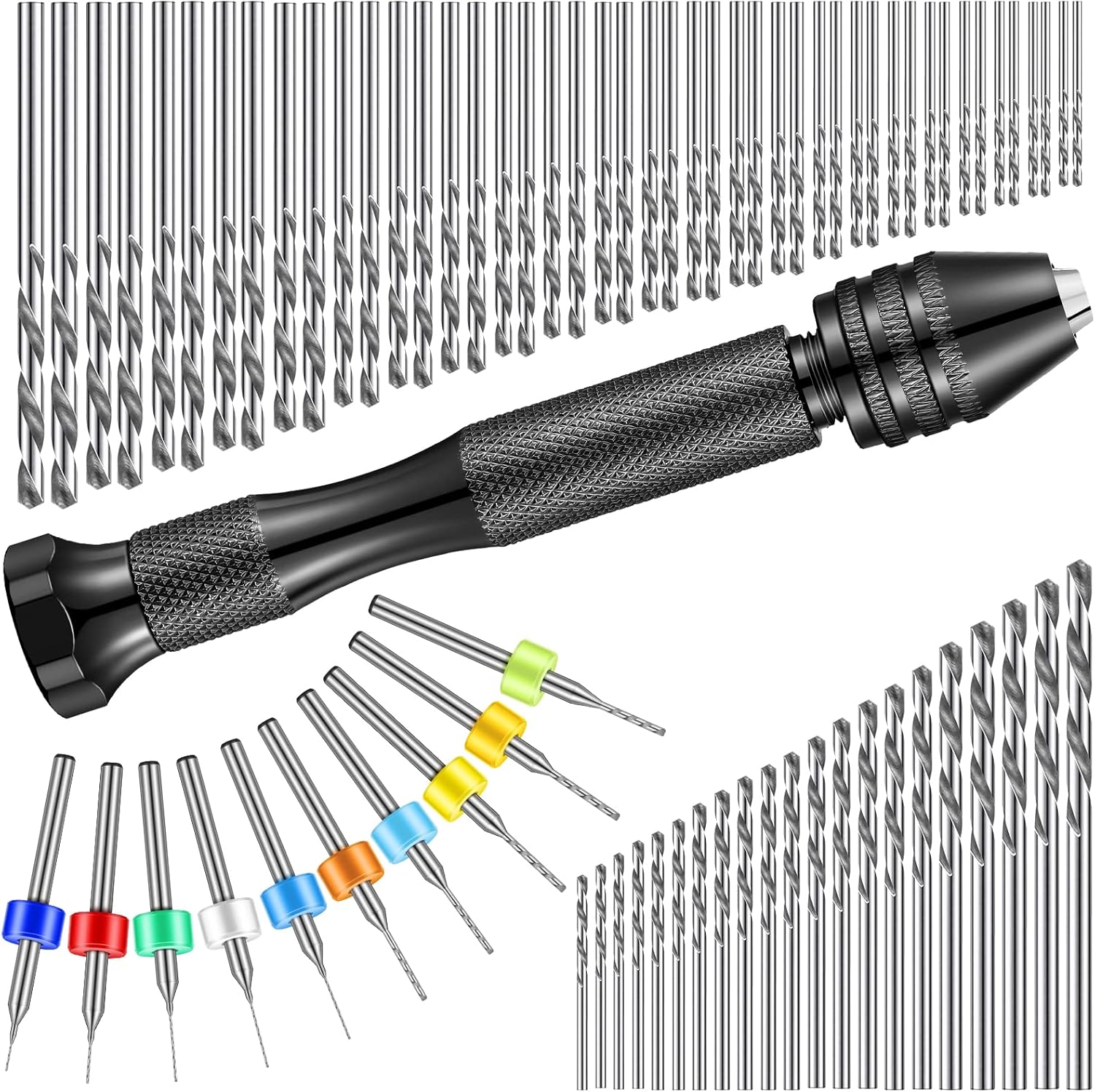 Juego de 95 brocas manuales, taladro de mano con tornillo de banco de pasador negro, 74 brocas micro torcidas y 20 piezas de mini brocas de PCB para