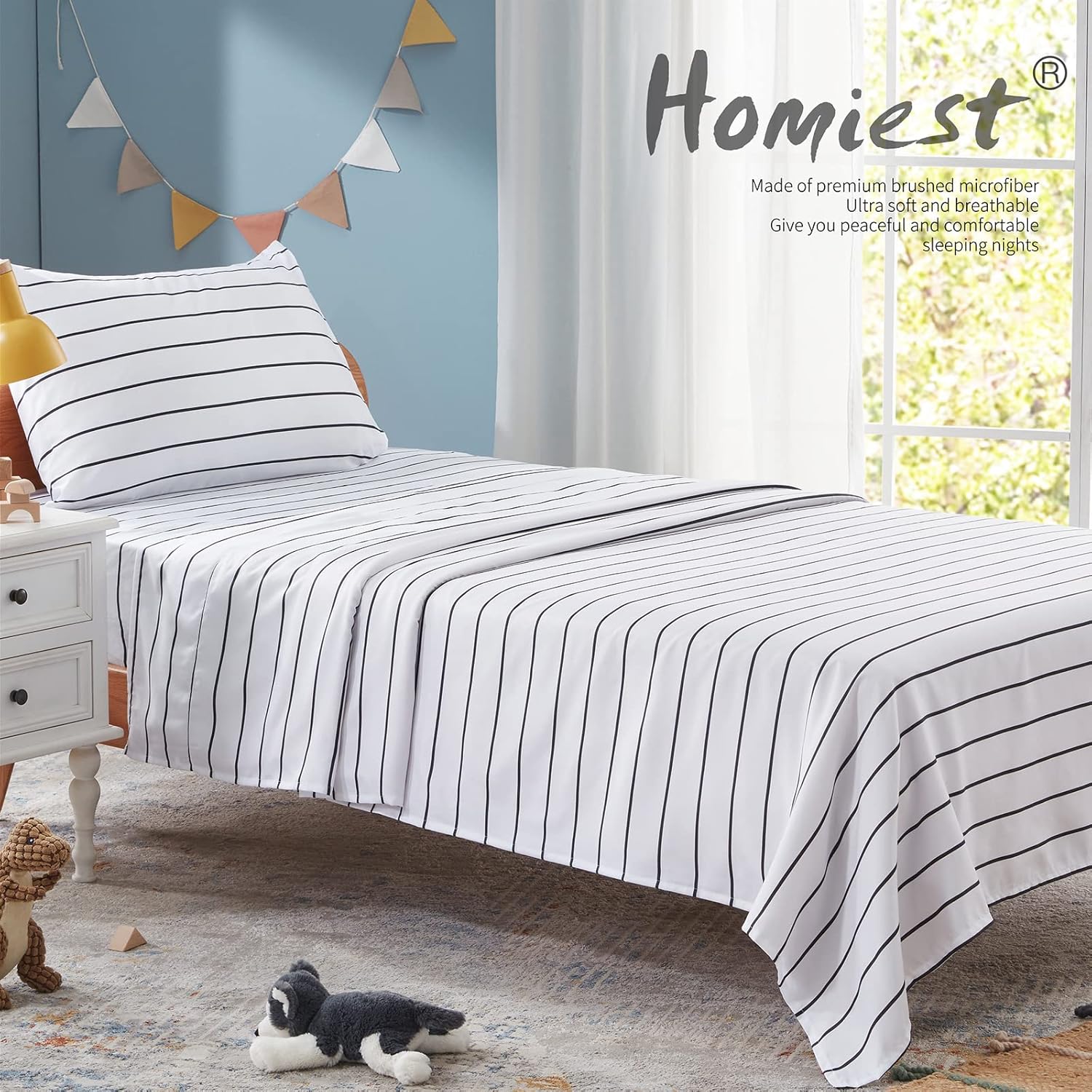 Homiest Juego de sábanas de 4 piezas, color blanco y negro, tamaño matrimonial, juego de ropa de cama suave a rayas horizontales, con bolsillo