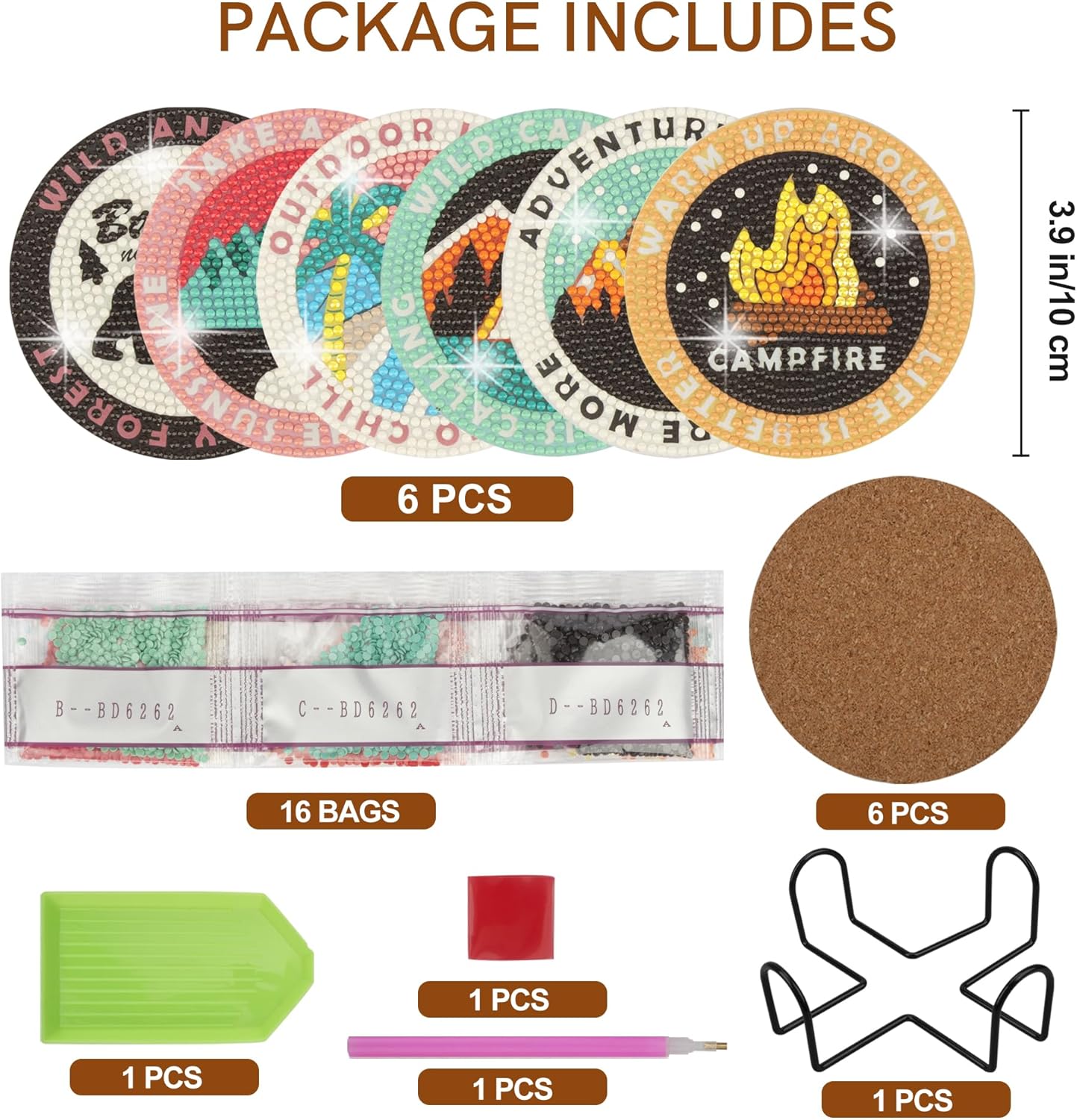 Temlum 6 posavasos de pintura de diamante con soporte, posavasos de campamento al aire libre, kits de arte de diamantes para principiantes, adultos,
