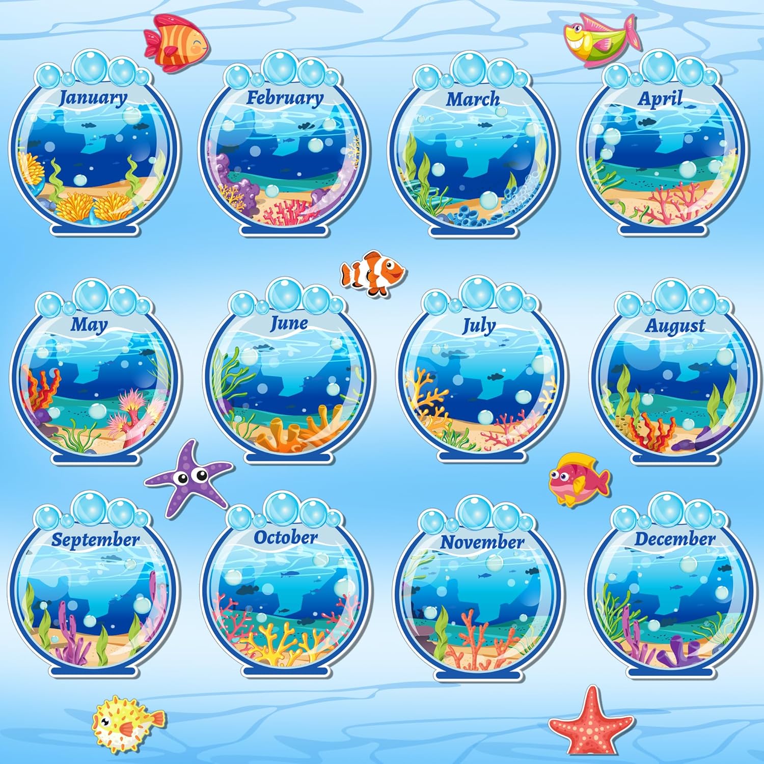 Juego de 48 tablones de anuncios de cumpleaños bajo el mar, decoración de aula temática oceánica, feliz cumpleaños, decoración de peces de animales