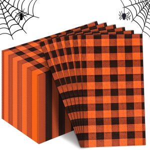 AnyDesign Servilletas desechables de 100 hojas de Halloween para invitados de Halloween, servilletas de papel a cuadros naranja y negro, servilletas AnyDesign Servilletas desechables de 100 hojas de Halloween para invitados de Halloween, servilletas de papel a cuadros naranja y negro, servilletas