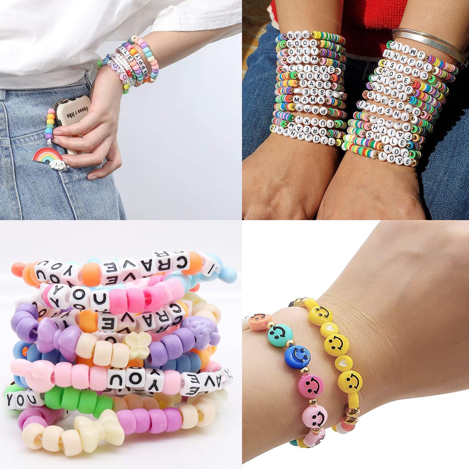 MIIIM Kit de pulsera Kandi de 3400 piezas, 48 colores, 2400 cuentas de pony arcoíris, 800 cuentas de letras, 150 cuentas de cara sonriente, cuentas
