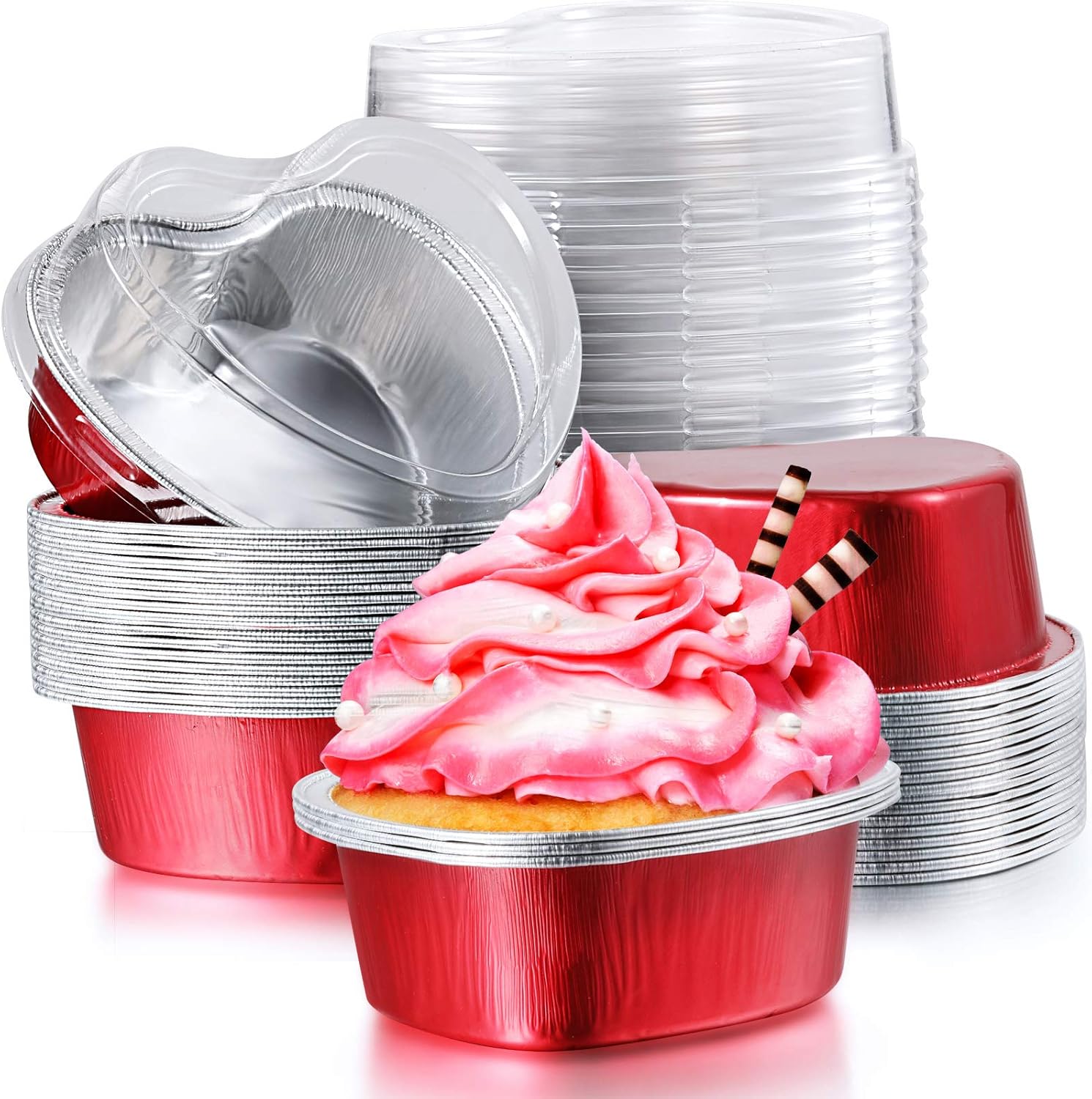 Molde de aluminio para tartas en forma de corazón con tapas, 3.4 fl oz3.4 onzas, desechable, mini taza, flan para hornear, para San Valentín, Día de