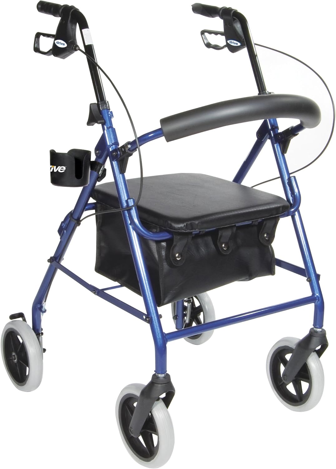 Drive Medical 10257BL-1 – Andador con ruedas de 4 ruedas con asiento, andador de acero, altura ajustable y universal con abrazadera para caminante,