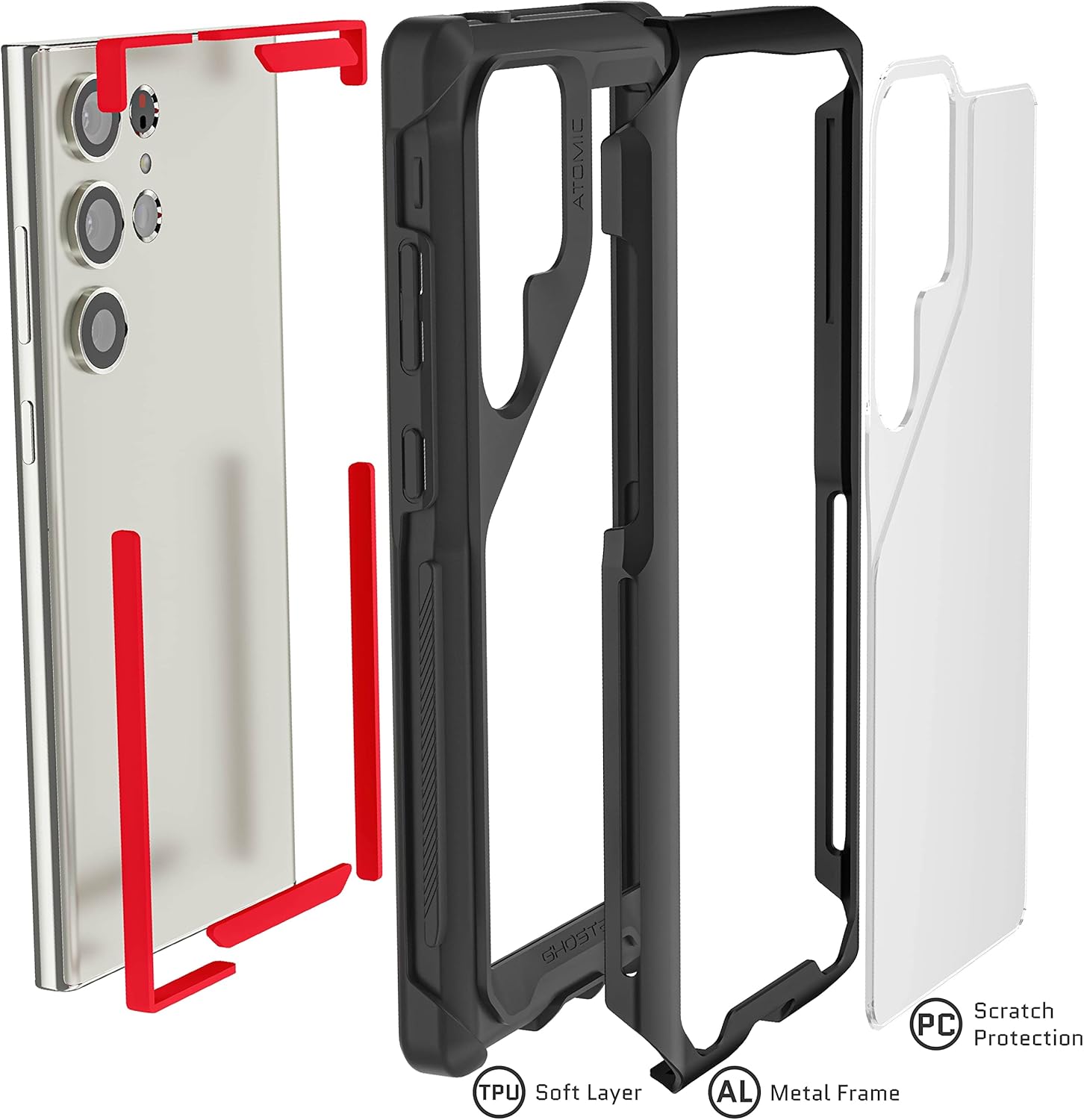 Ghostek ATOMIC – Funda delgada para Galaxy S23 Plus con parte trasera transparente y parachoques de metal de aluminio, protección de carga