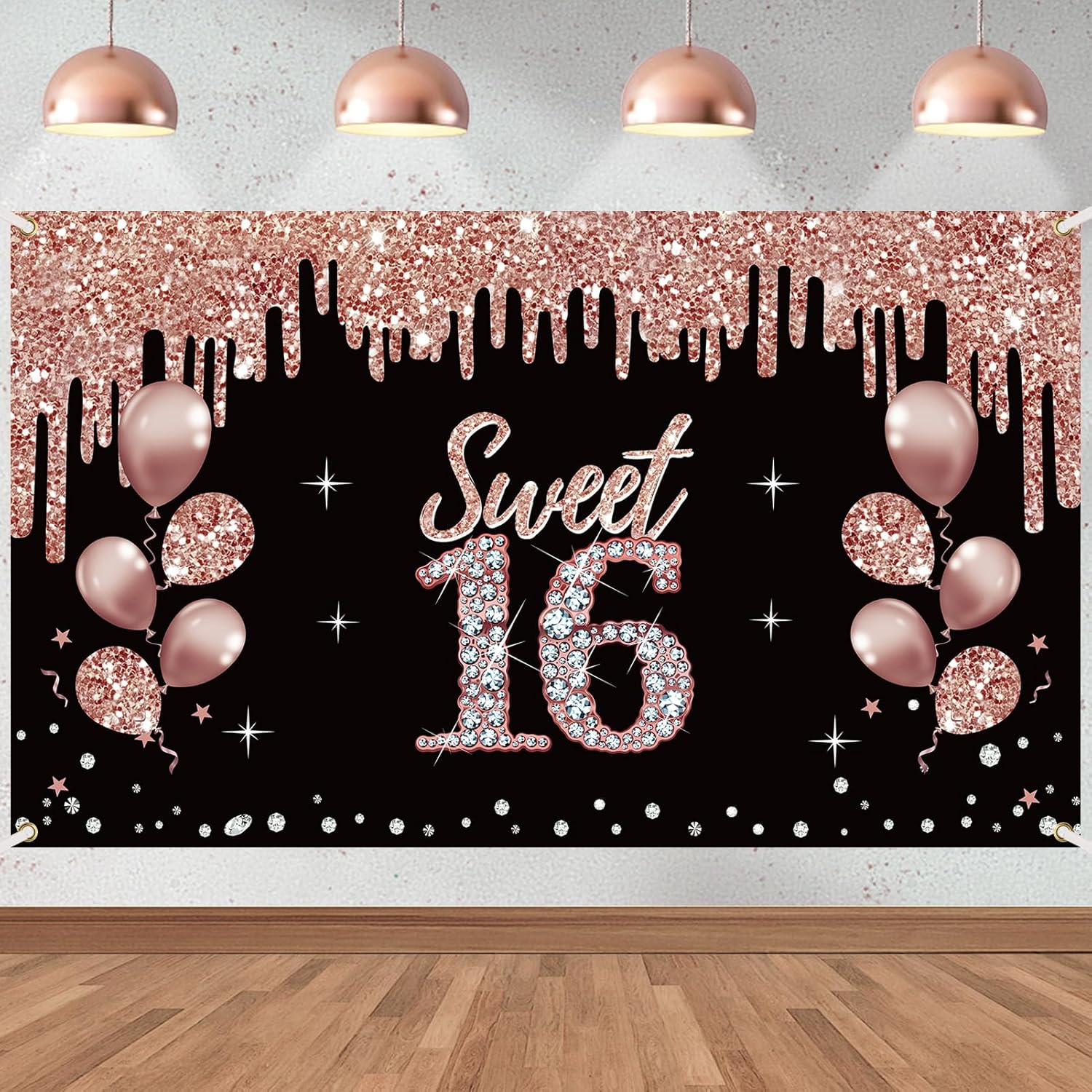 Cartel de decoración de feliz cumpleaños número 16 para niñas, decoración de cumpleaños de 16 años de oro rosa, suministros de fiesta, fondo de