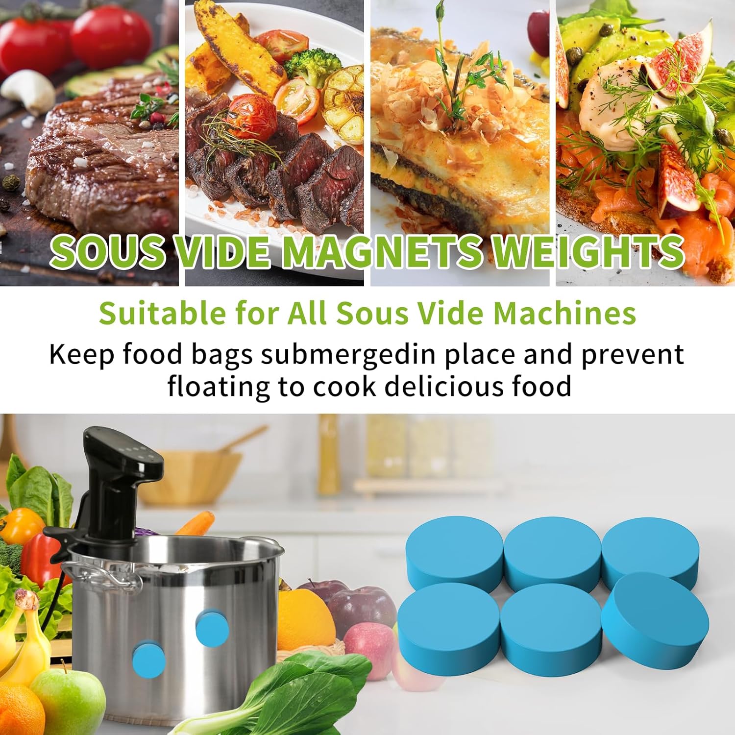 Imanes Sous Vide, paquete de 6 clips magnéticos de peso Sous Vide que funcionan en máquinas Sous Vide para mantener los alimentos sumergidos y