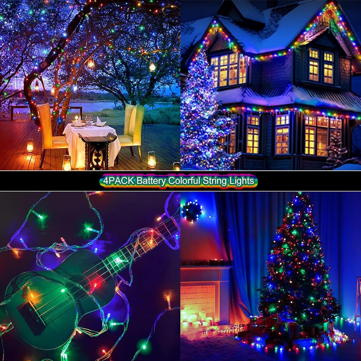 Paquete de 4 tiras de luces multicolor a pilas para exteriores, 16.5 pies, 50 LED, temporizador, luces RGBY de alambre transparente, luces de árbol