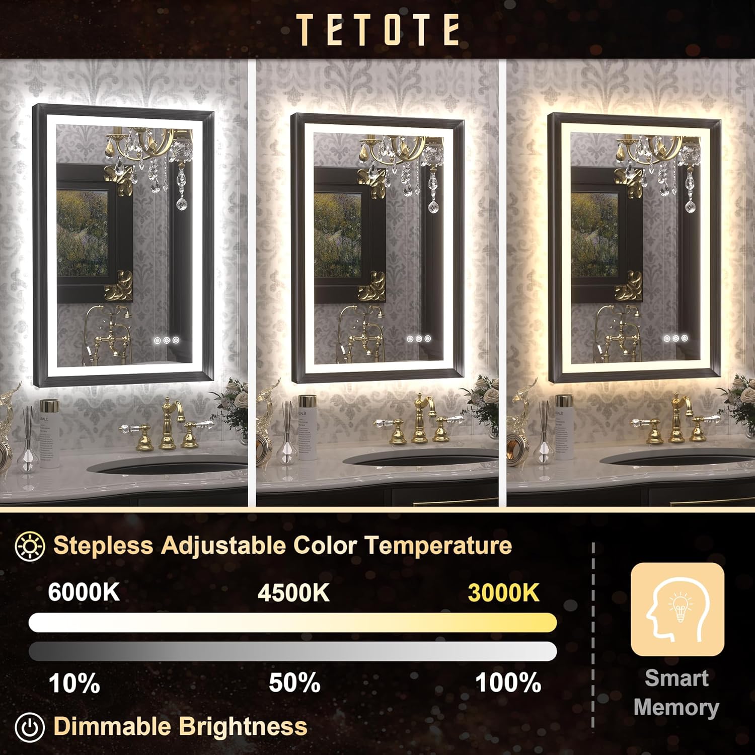TETOTE Espejo LED de 72 x 36 pulgadas para baño, marco de metal negro frontal y retroiluminado, espejo de tocador barroco, gótico, antivaho sin