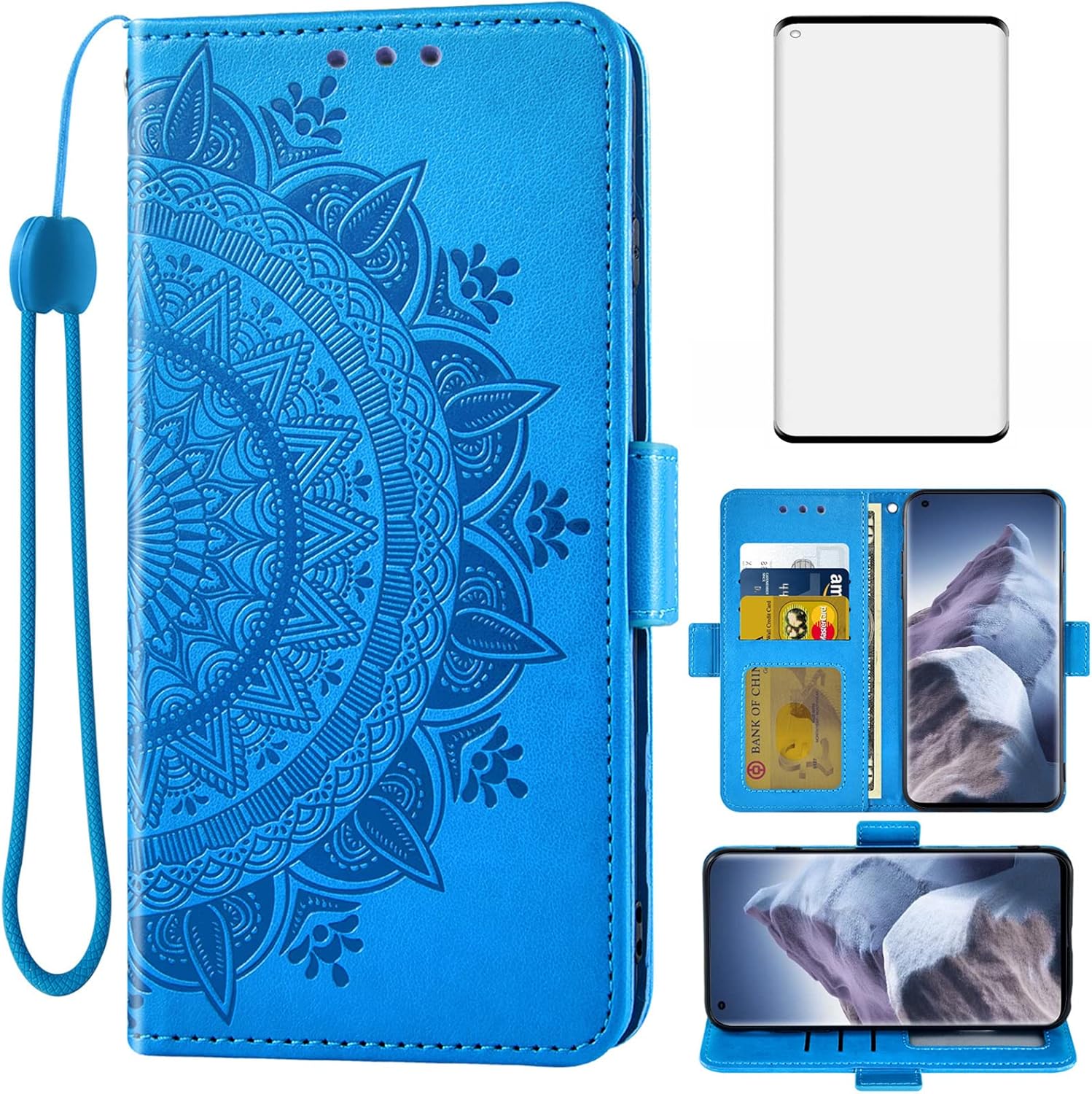 Asuwish Compatible con Xiaomi Mi 11 Ultra 5G Wallet Case Protector de pantalla de vidrio templado, soporte para tarjeta de crédito, correa de muñeca
