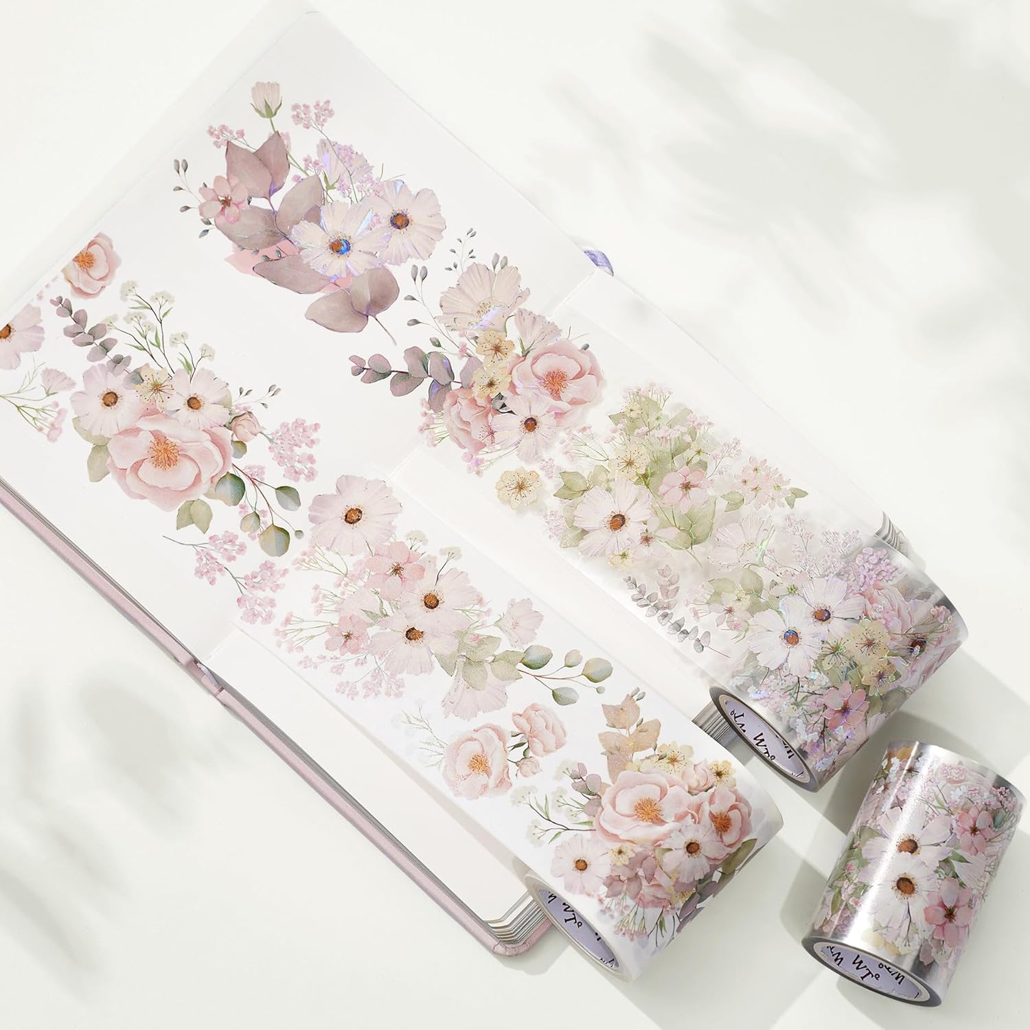 WT Cinta de PET ancha rubor, rollo individual, diseños originales, cinta decorativa de flores rosas acuarelas, cinta adhesiva transparente