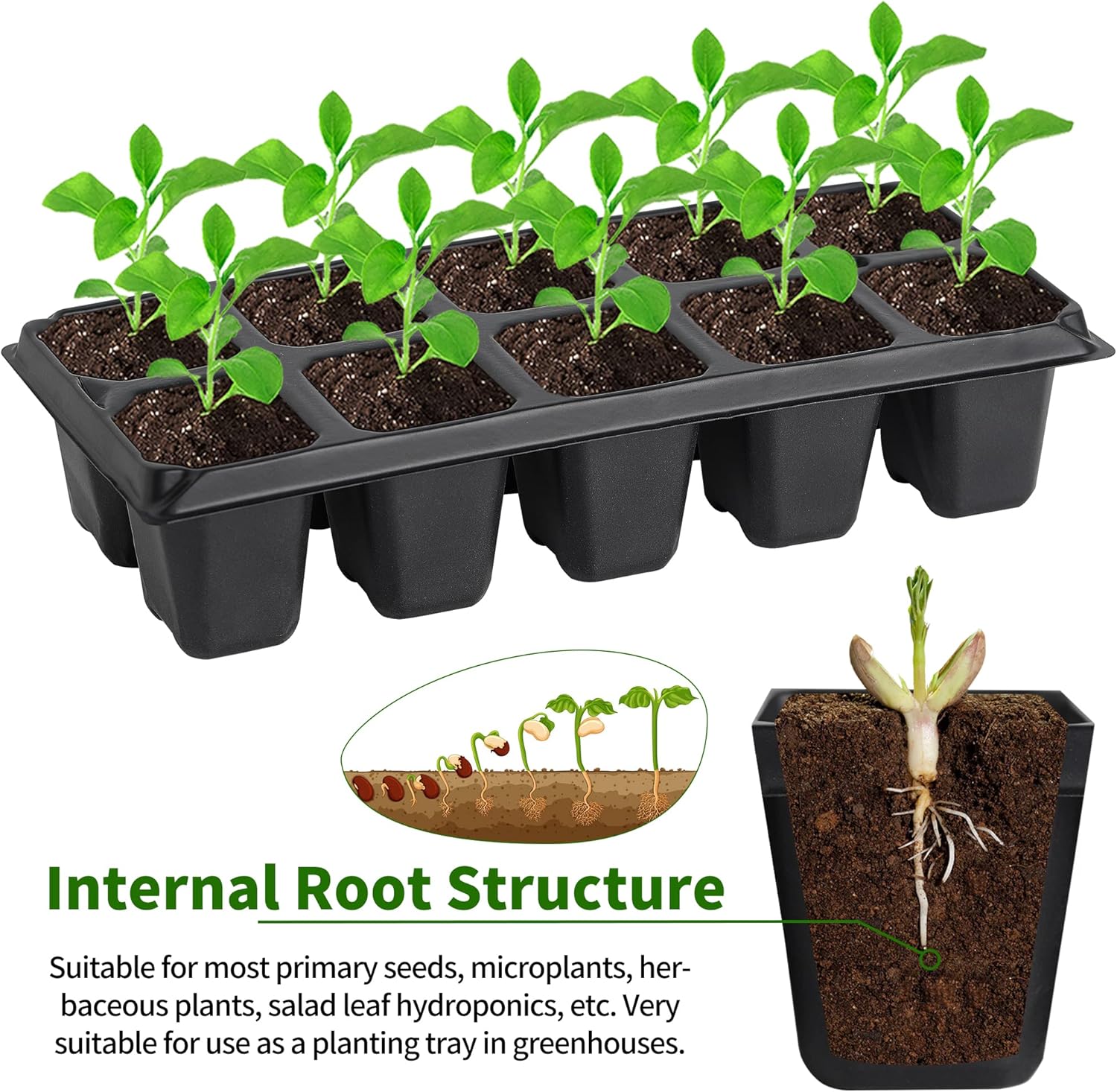 Yard Yard 200 bandejas de plántulas para enchufes, 20 unidades de contenedores reutilizables para plantas de cultivo de vivero, germinación de