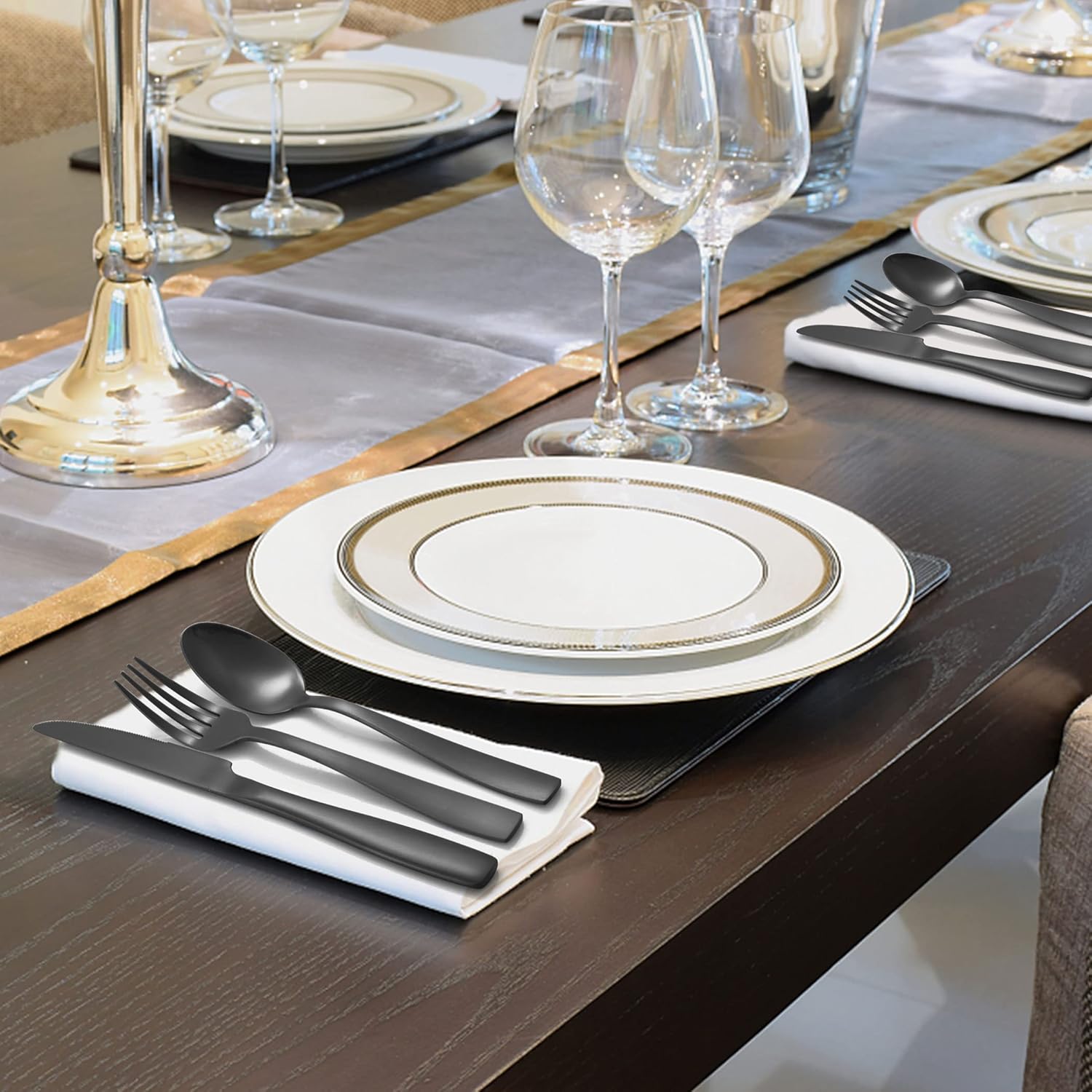 LIANYU Juego de cubiertos negros de 24 piezas con cuchillos para carne, cubiertos de acero inoxidable para 4, elegantes utensilios de cocina