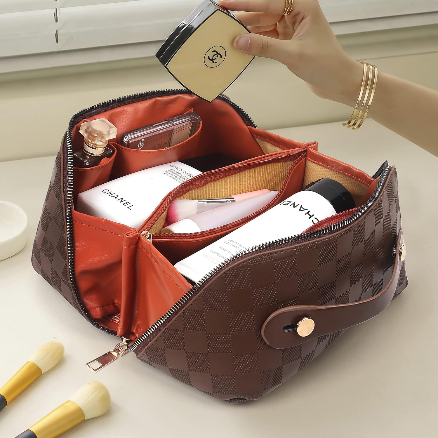 Bolsa de maquillaje grande, bolsa de cosméticos de doble capa, bolsa de maquillaje de viaje, bolsa de maquillaje de cuero, bolsas de viaje para