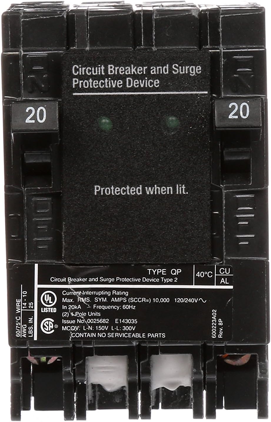 Siemens QSA2020SPD Protección contra sobretensiones para toda la casa con dos disyuntores de 20 amperios para uso solo en paneles Siemens