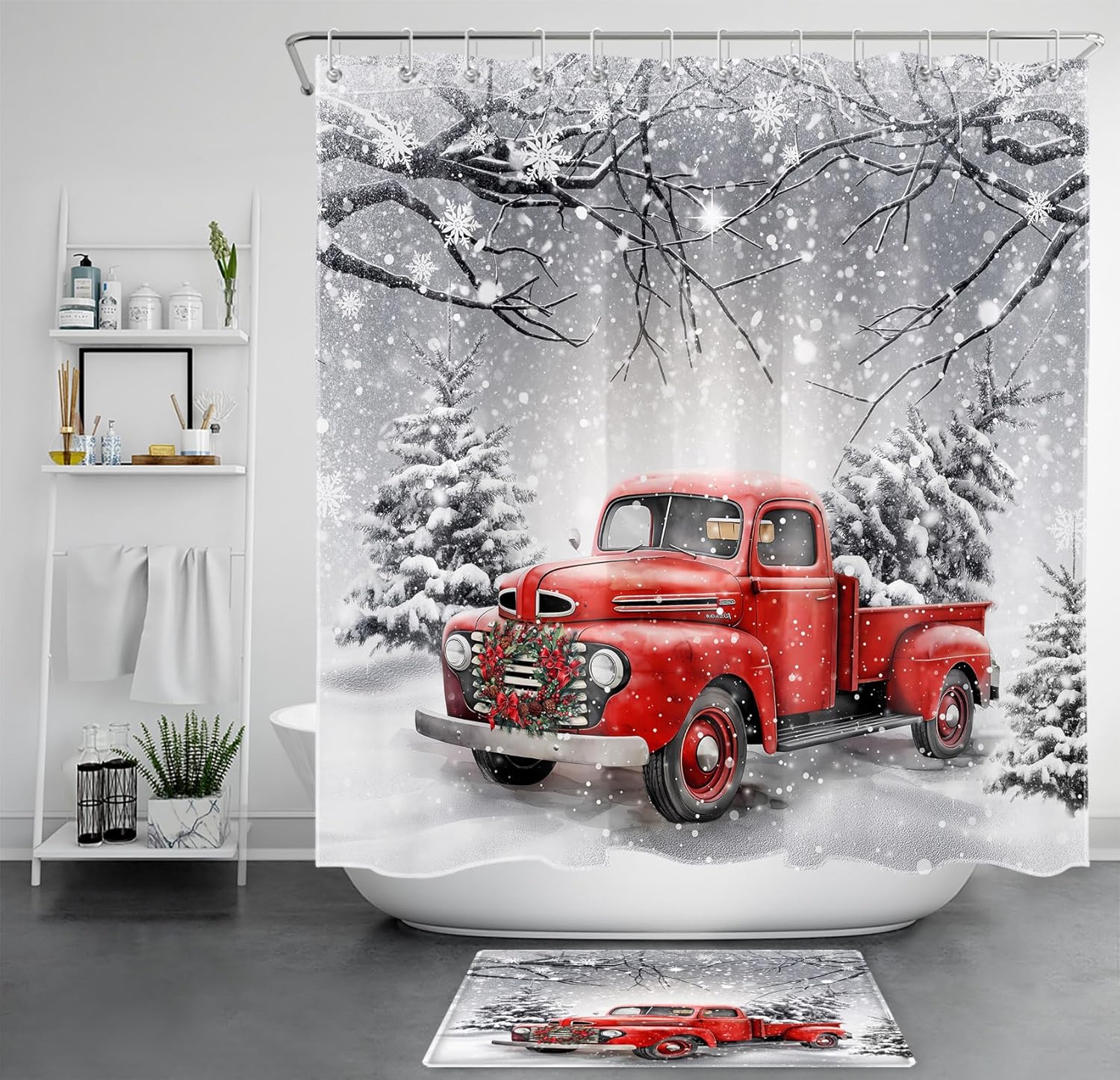 LB Red Truck Christmas Shower Curtain Sets with Rugs Xmas Wreath and Pine Tree on Retro Truck Winter Snow Fabric Shower Curtain with Hooks Snowflake