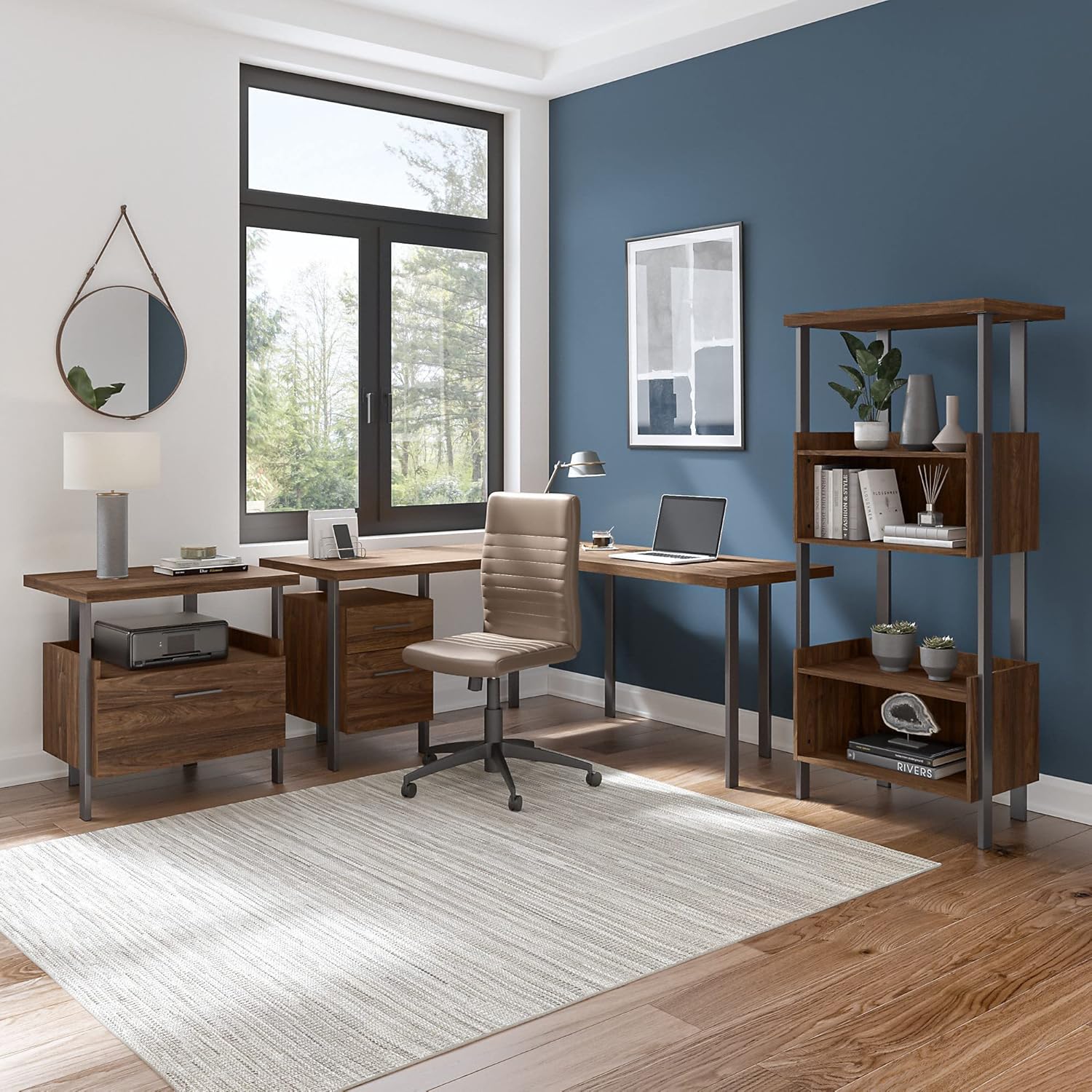 Bush Furniture Architect – Escritorio en forma de L con archivador lateral y estantería de 4 estantes, 60 W, nogal moderno