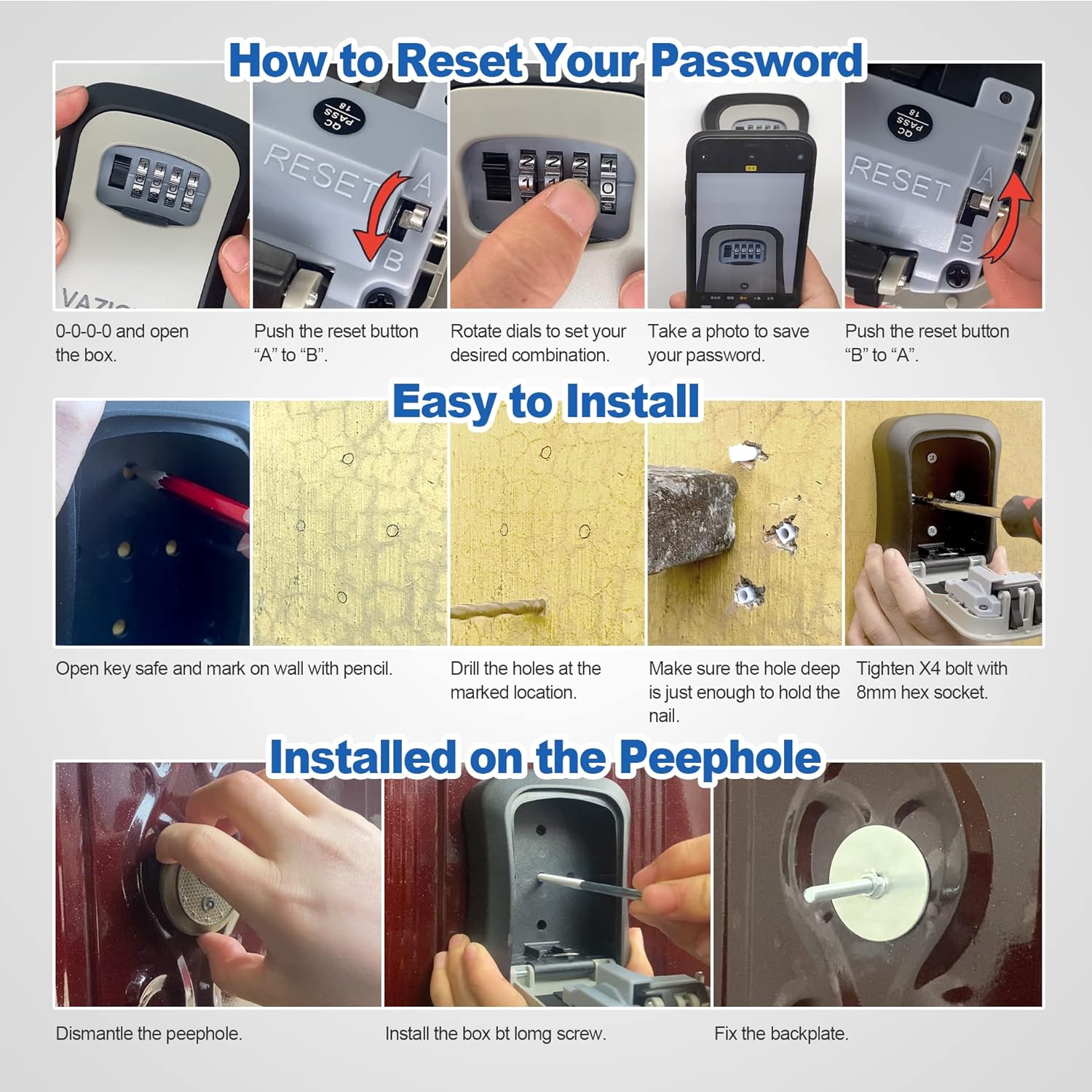 Key Lock Box for Outside, Portable Waterproof Wall Mounted Resettable 4-Digit Combination Key Storage Lockbox, 5 Keys Capacity Key Safe Lock Box for
