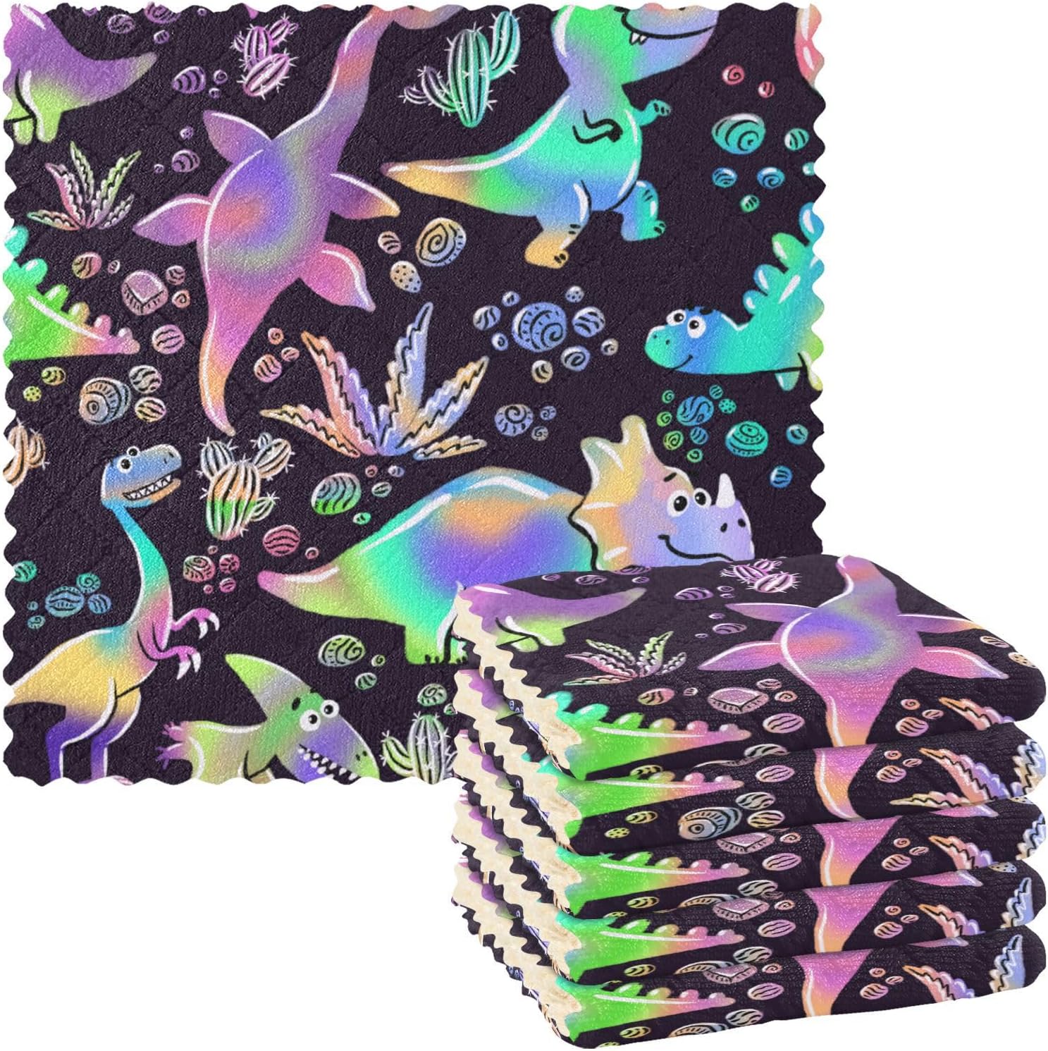 Neon Dinosaurs Kawaii Soft Print Microfiber Dish Towels Absorbent 6 Pack Kitchen Accessories for Cooking for Restaurant Sink