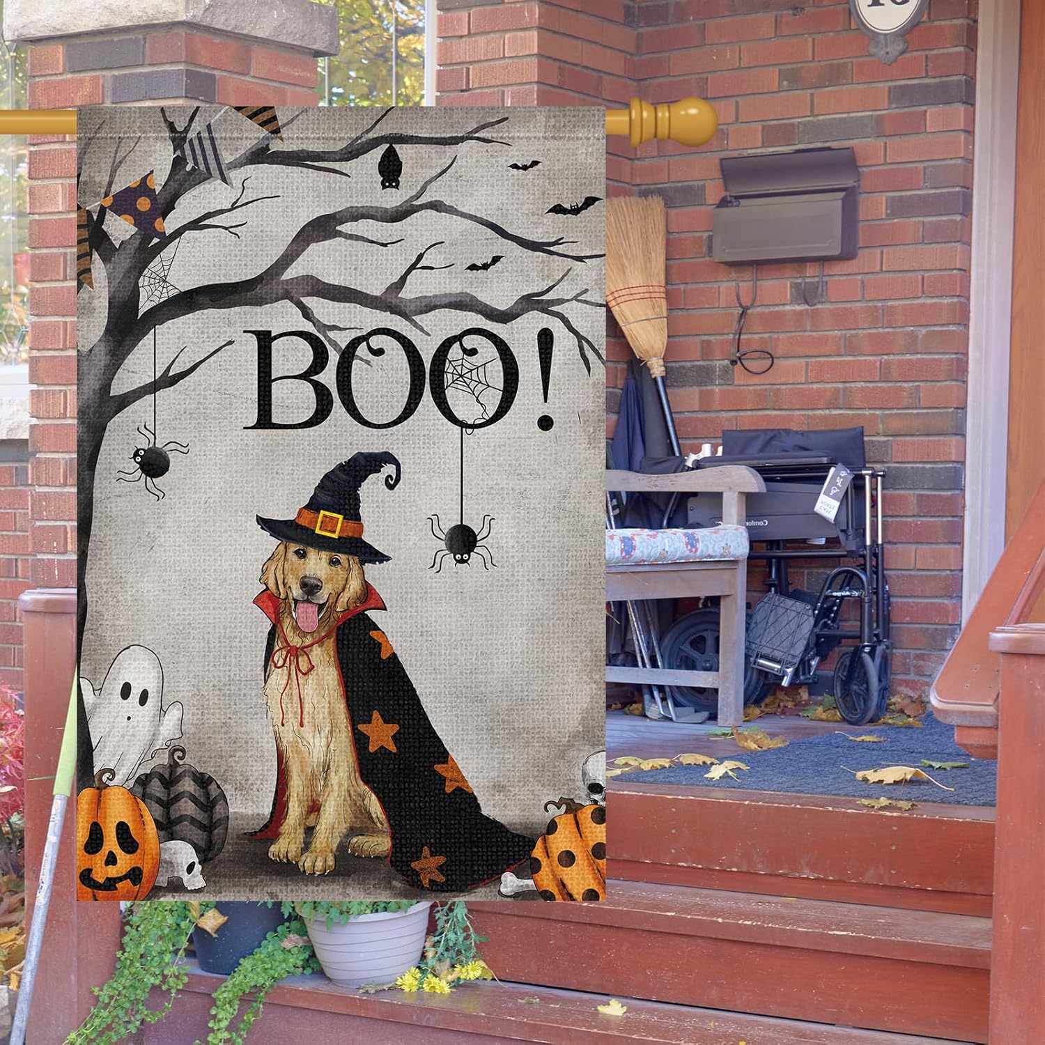 Bandera de jardín de perro Golden Retriever de Halloween de 28 x 40 pulgadas, arpillera de doble cara, fantasma, rústico, decoración de granja,