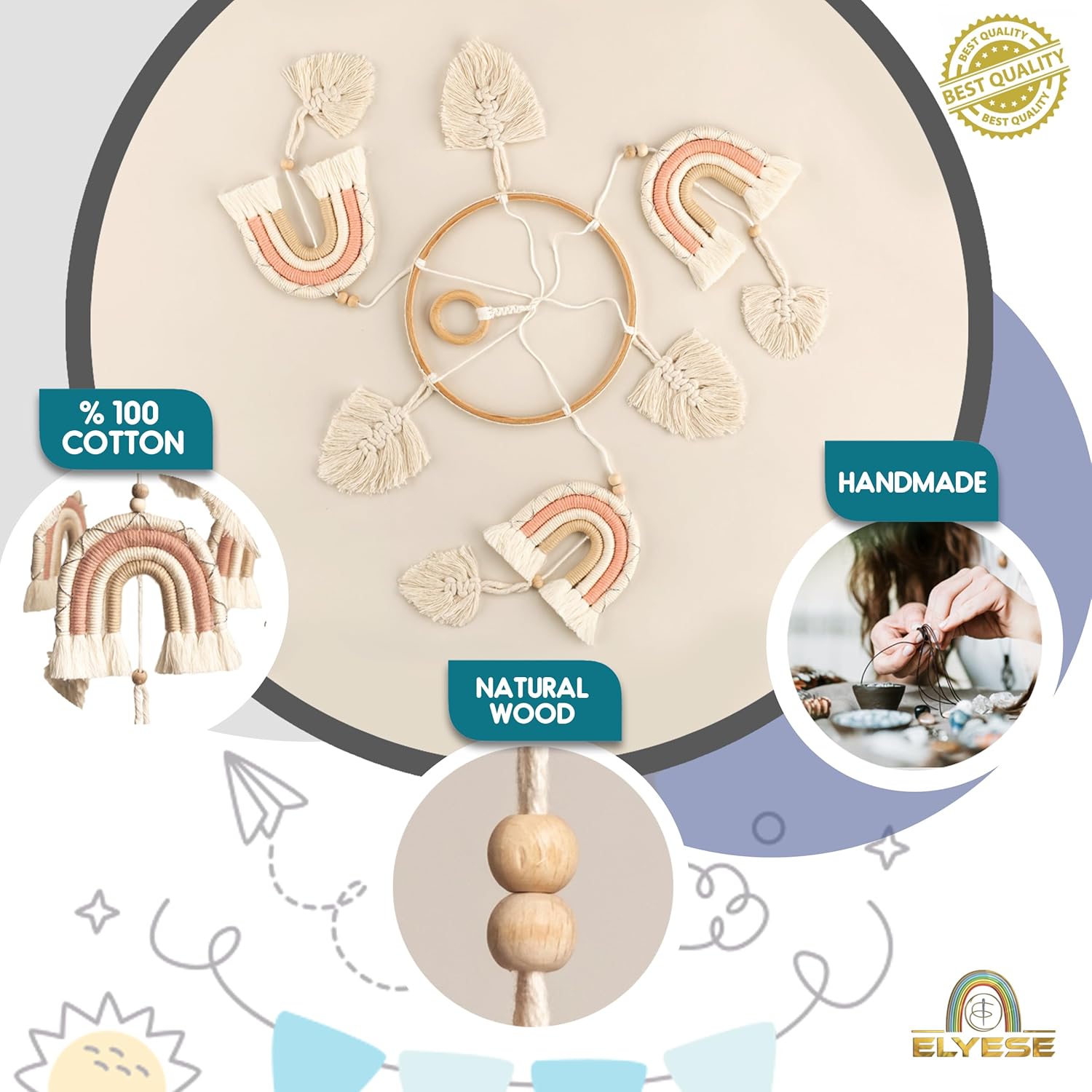 Móvil de cuna para niñas, móvil de bebé arcoíris, móvil hecho a mano para cuna, móvil de macramé para cuna, móvil de cuna bohemio, móvil de cuna
