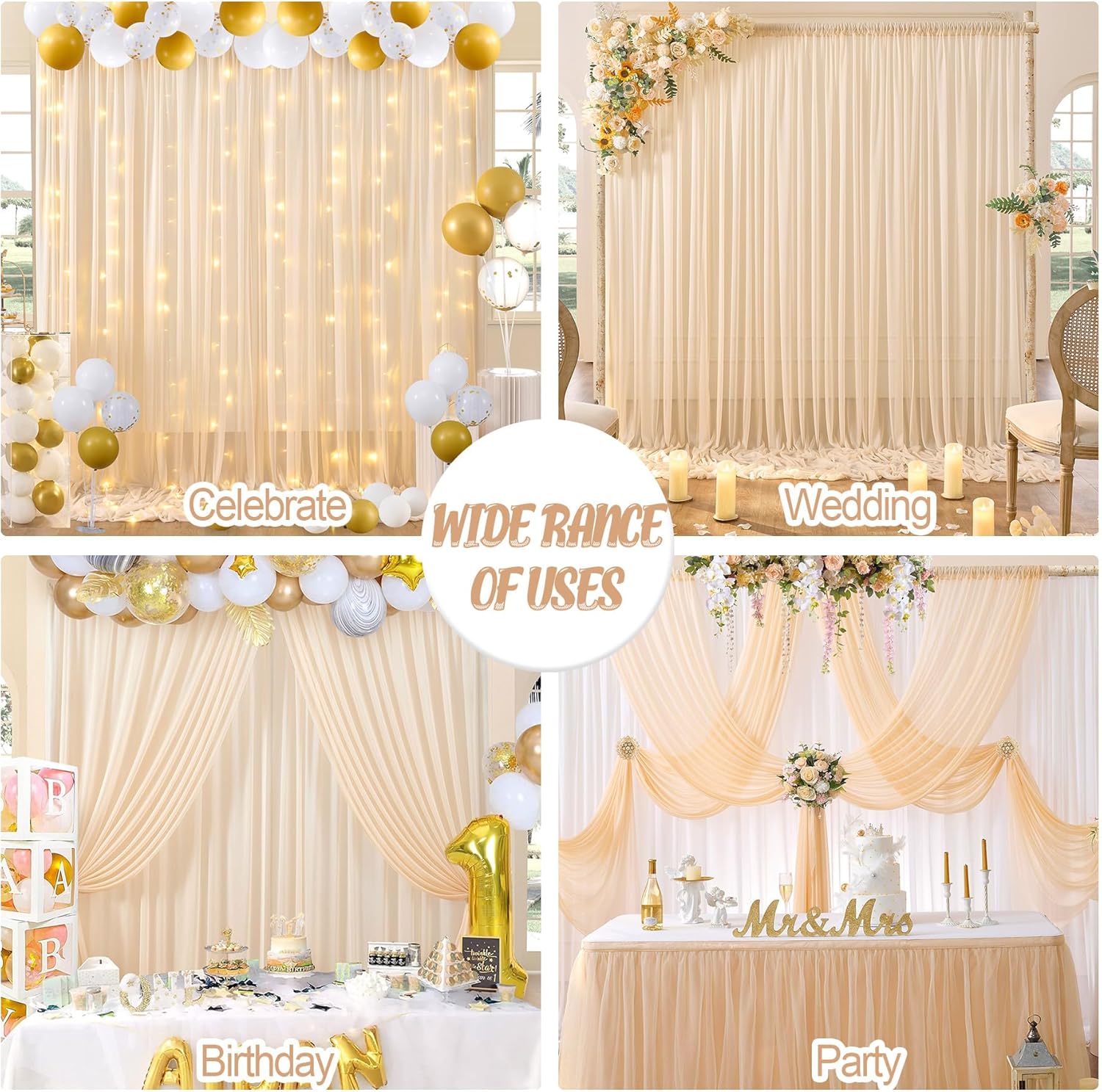 gogoparti Cortinas de fondo transparentes color champán de 15 x 10 pies para fiestas, 3 paneles de 5 x 10 pies, cortinas de fotografía sin arrugas,
